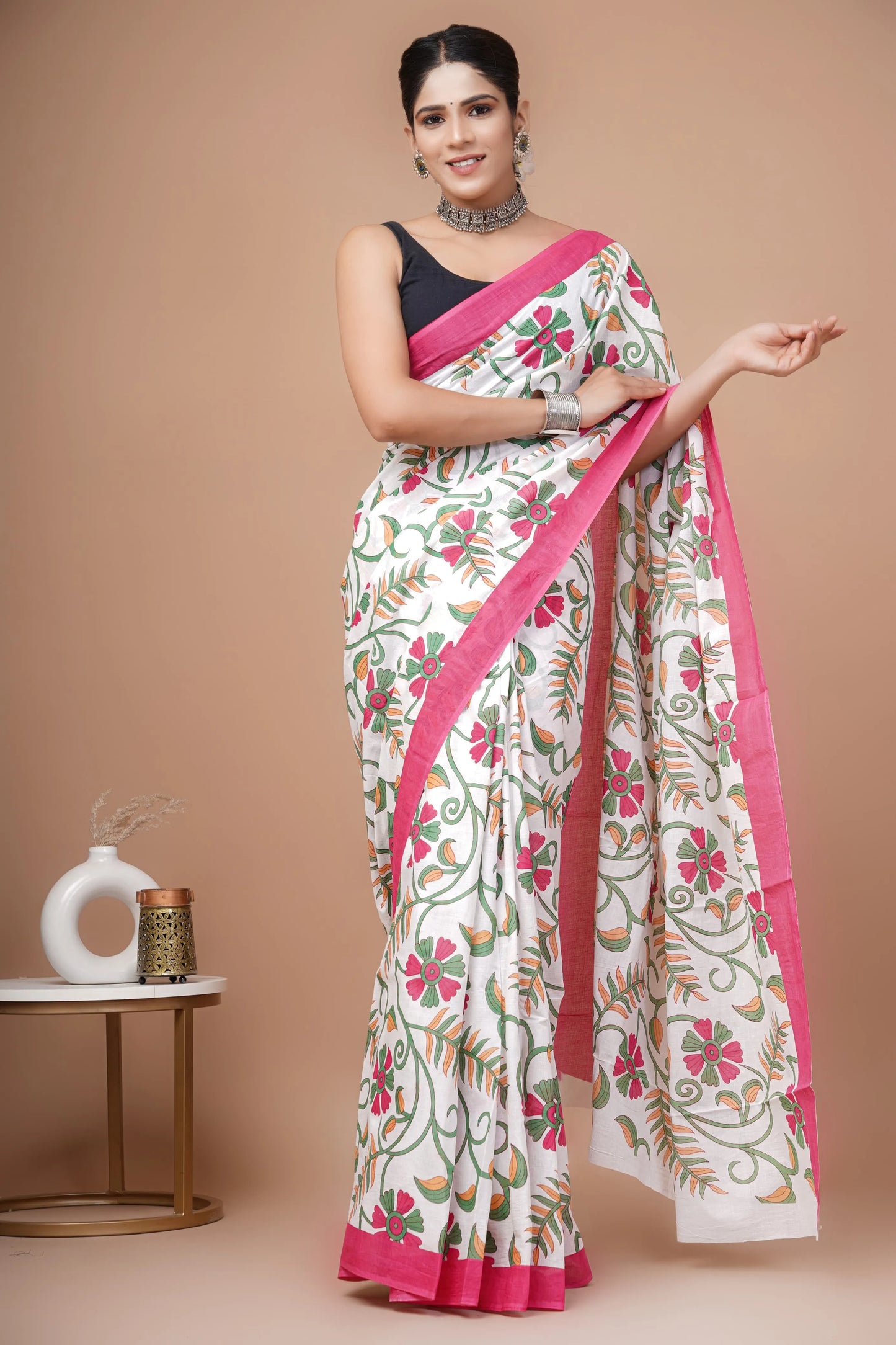 Hand block printed cotton mul-mul saree