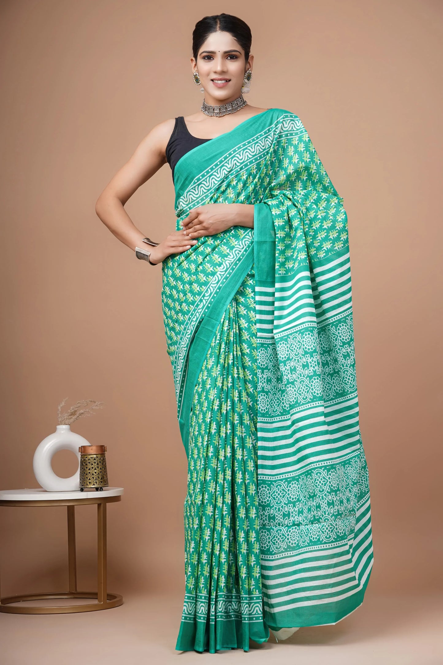 Hand block printed cotton mul-mul saree