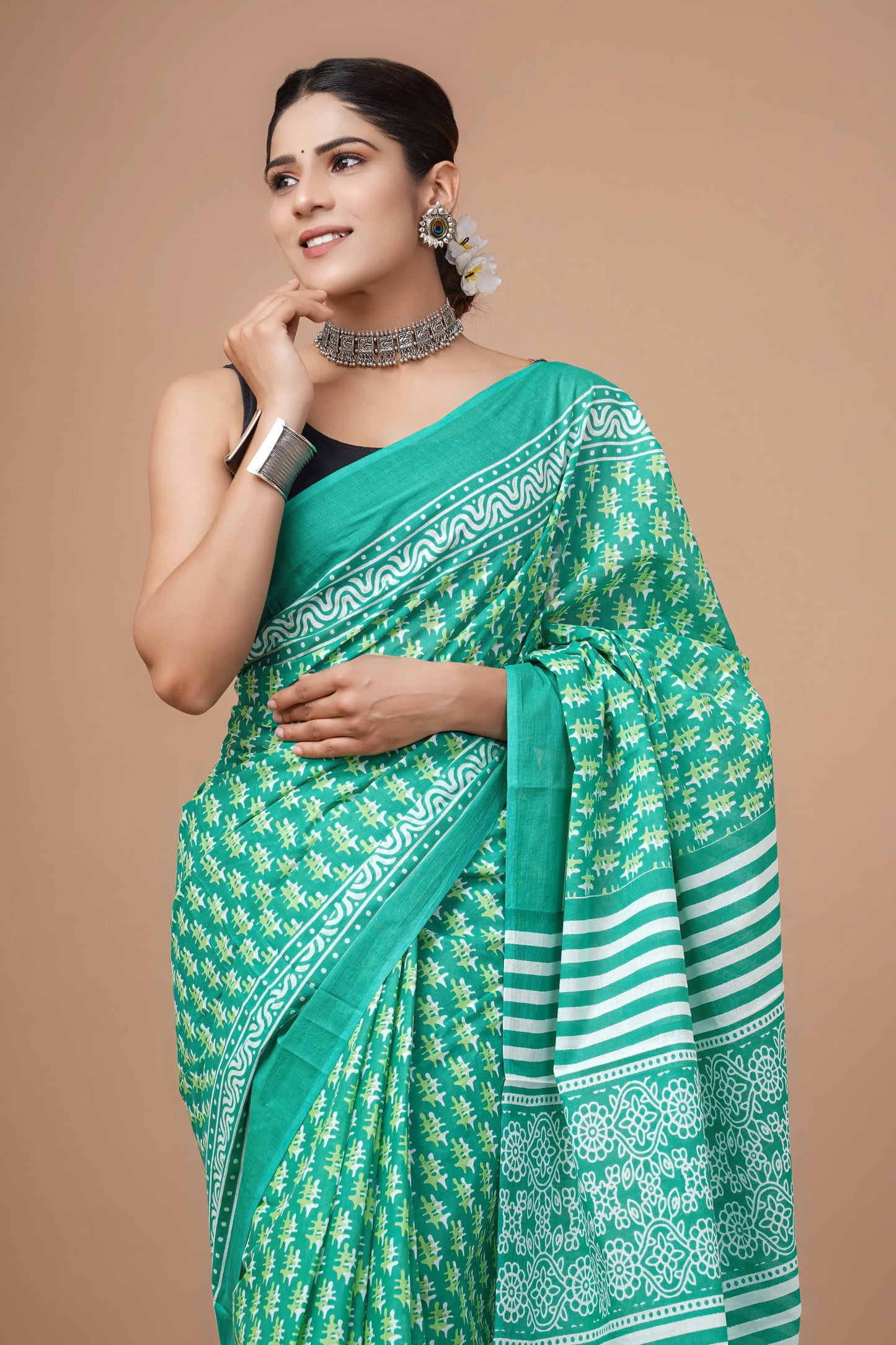 Hand block printed cotton mul-mul saree