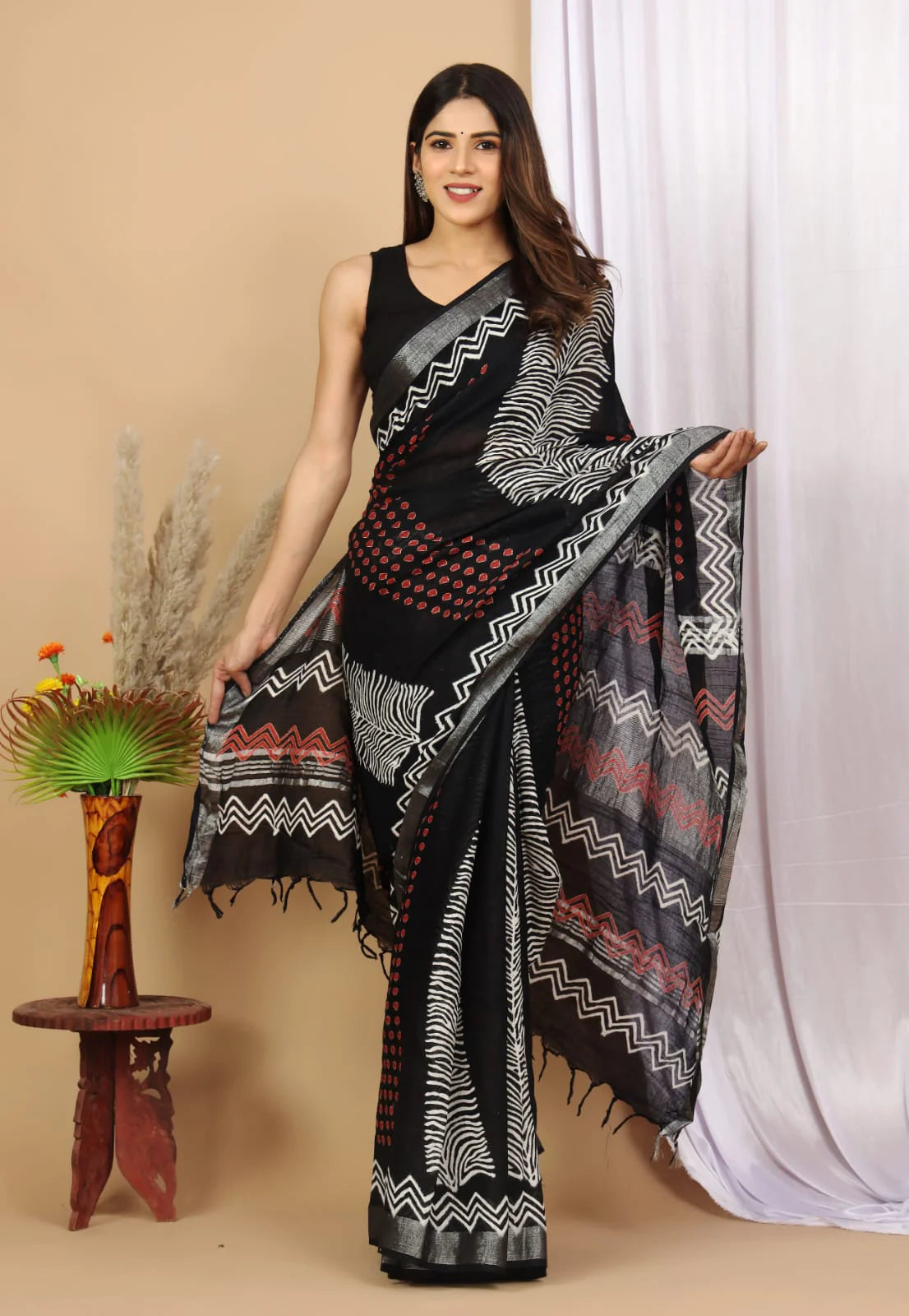 Linen Cotton Hand-Block Printed Saree