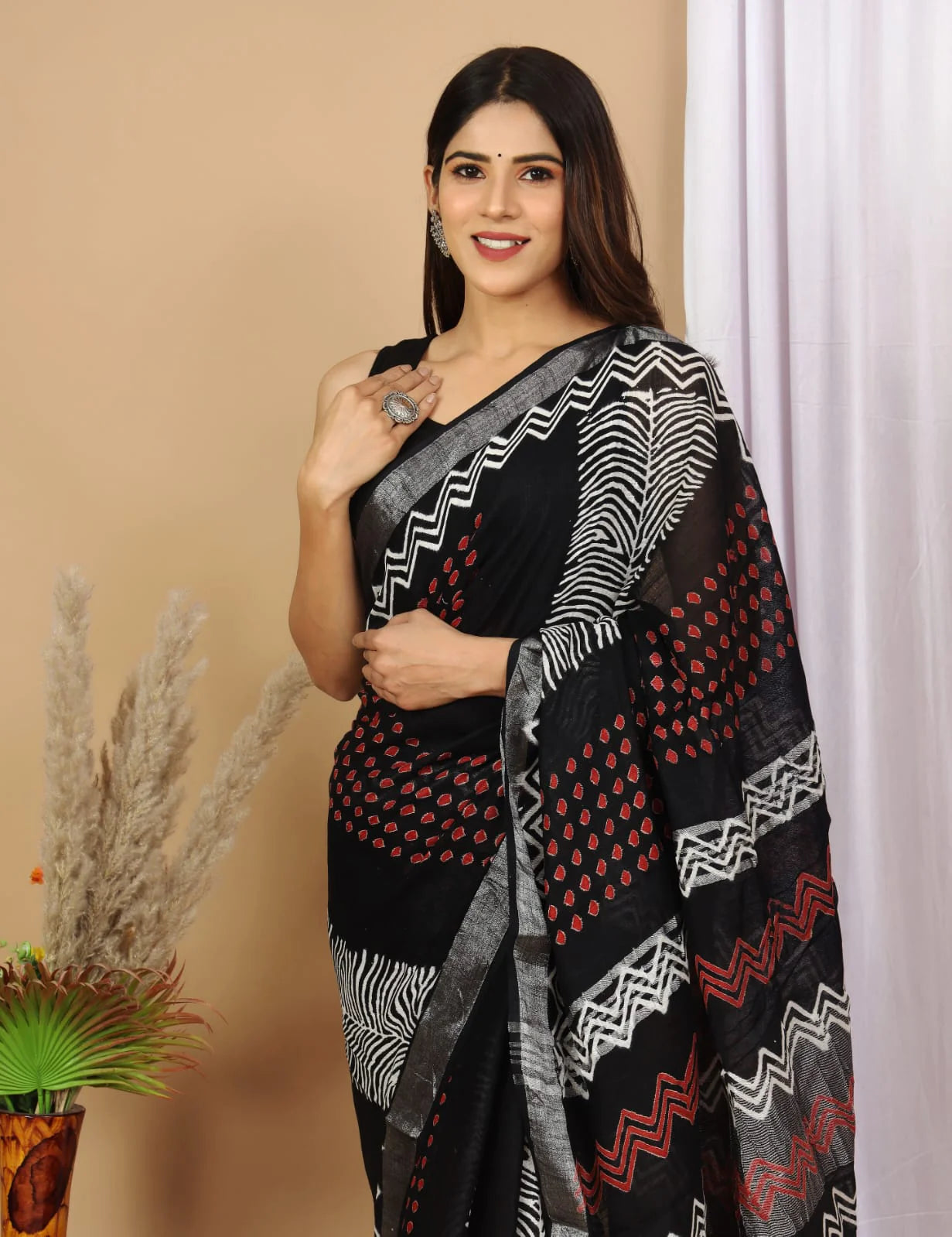 Linen Cotton Hand-Block Printed Saree