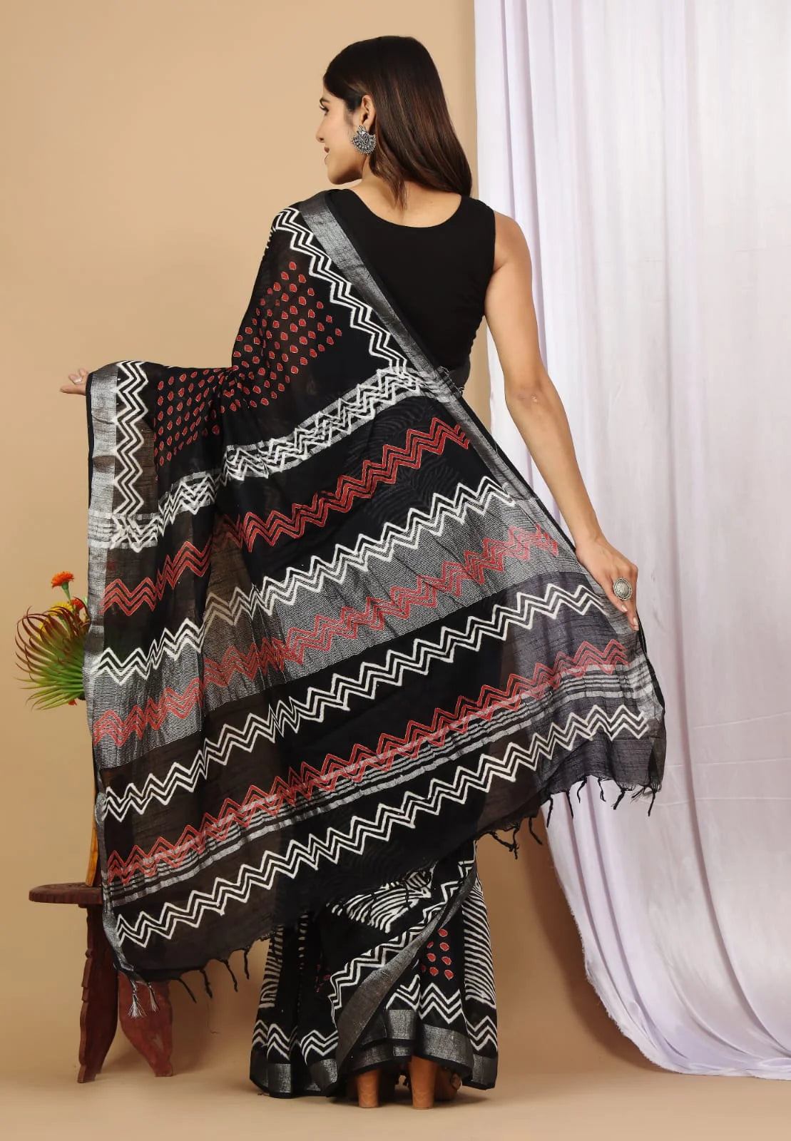 Linen Cotton Hand-Block Printed Saree