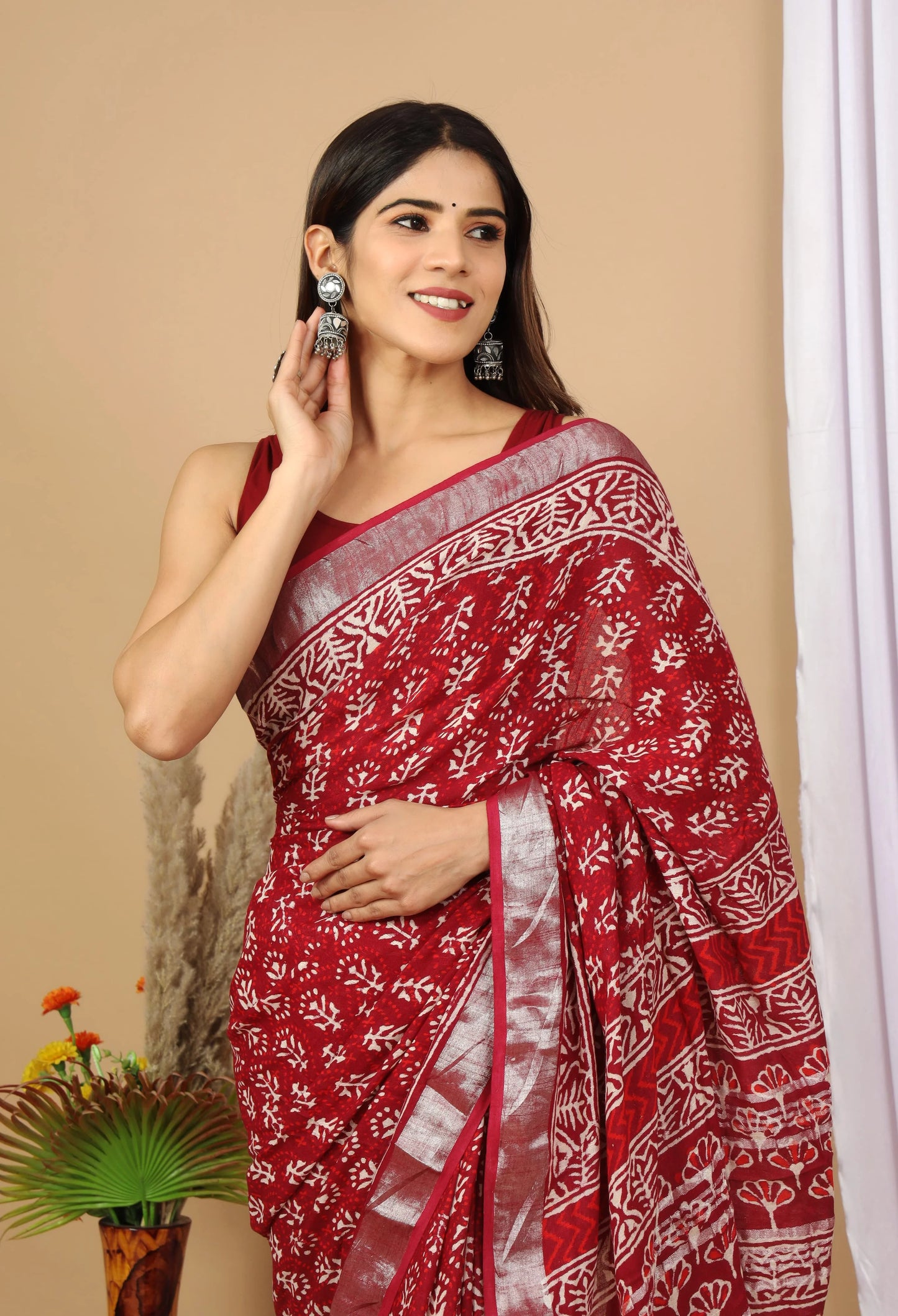 Linen Cotton Hand-Block Printed Saree