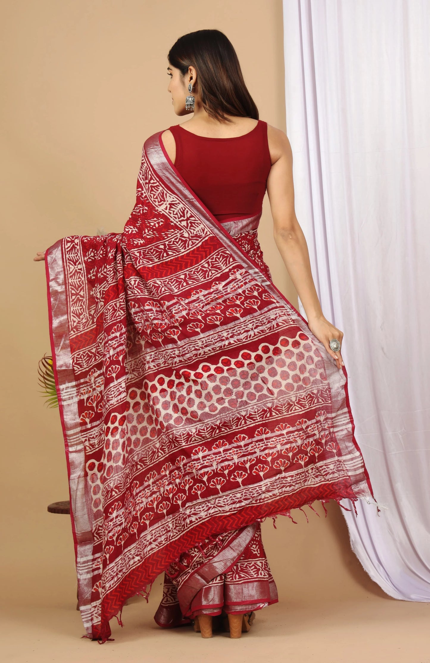 Linen Cotton Hand-Block Printed Saree