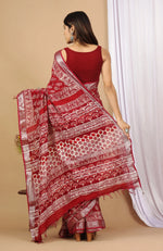 Linen Cotton Hand-Block Printed Saree