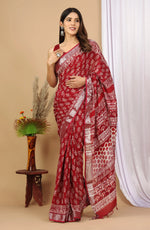 Linen Cotton Hand-Block Printed Saree