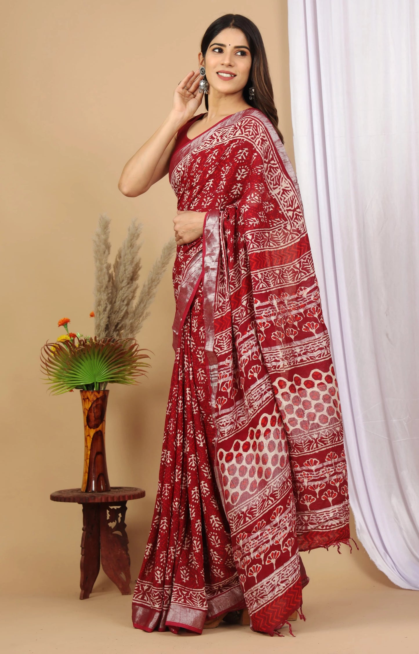 Linen Cotton Hand-Block Printed Saree