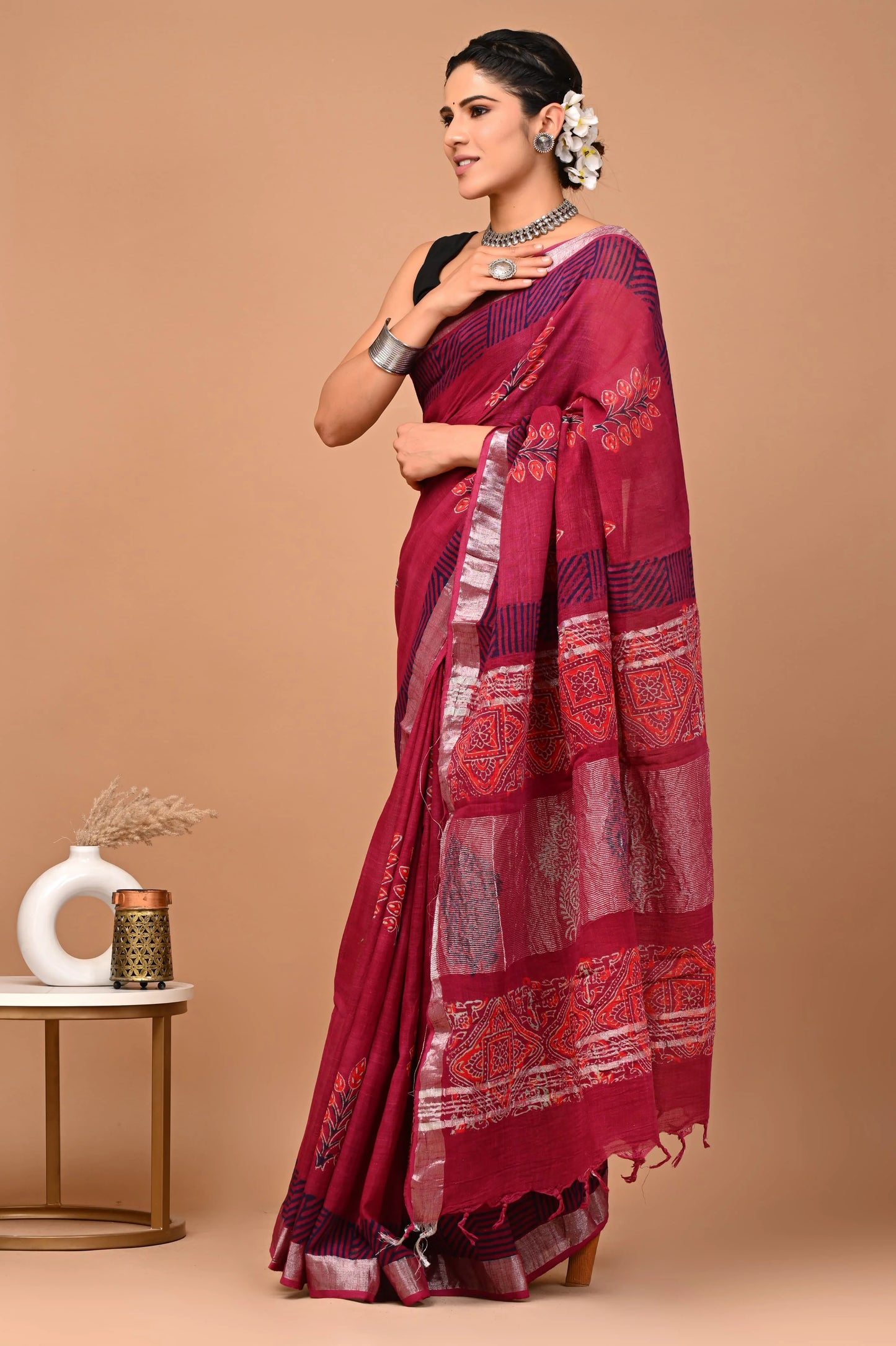 Linen Cotton  Hand-Block Printed Saree