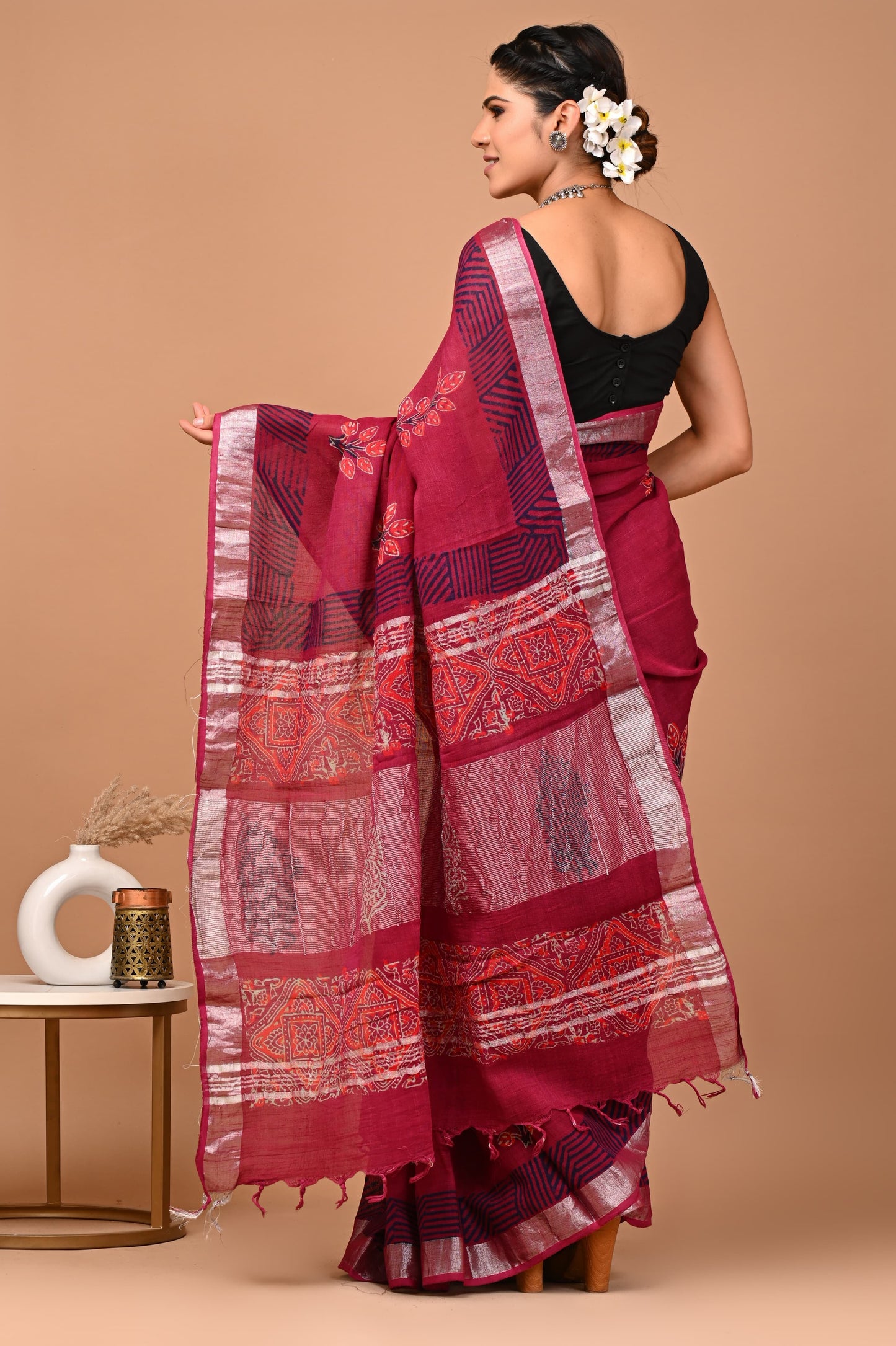 Linen Cotton  Hand-Block Printed Saree