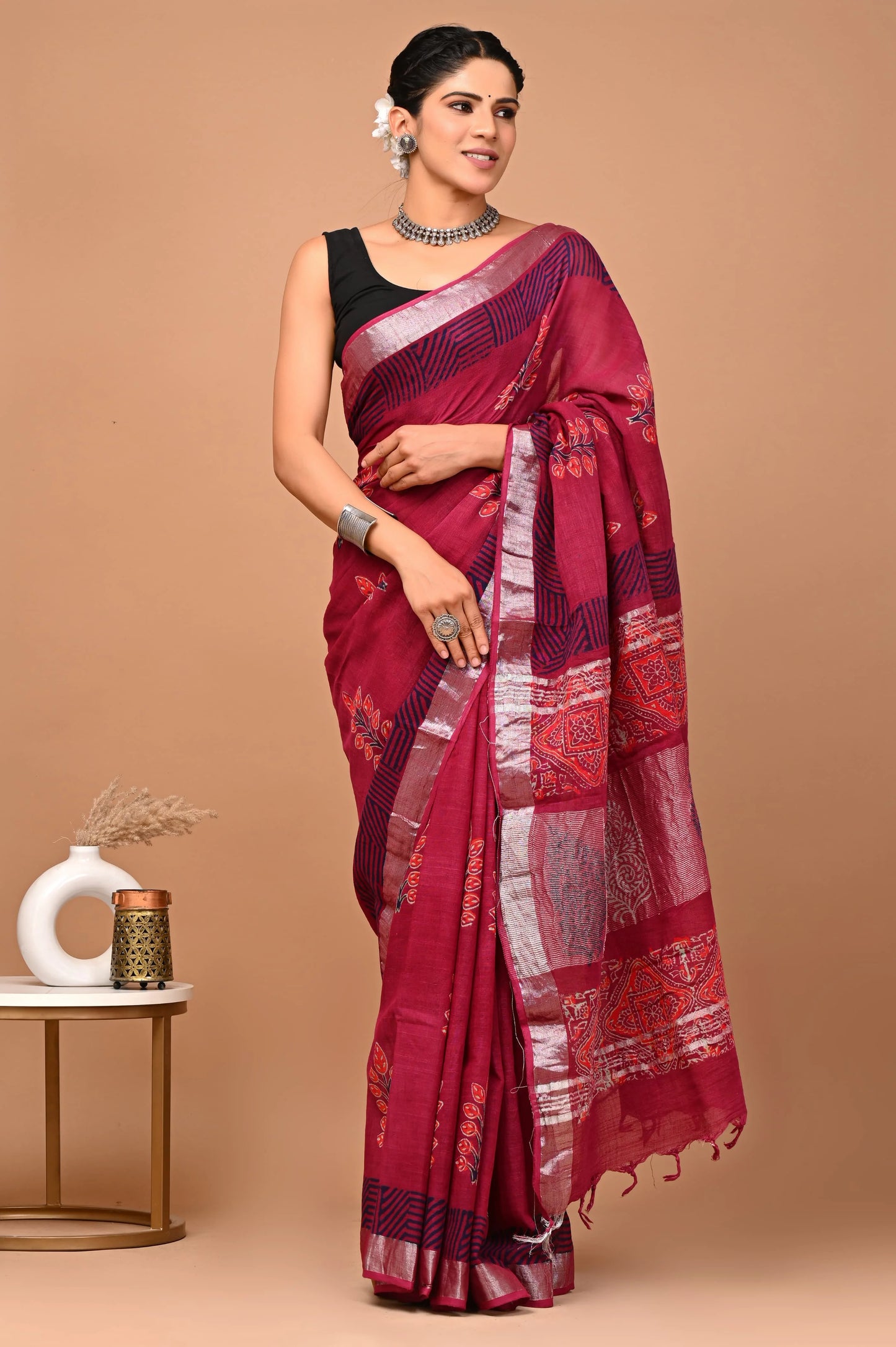 Linen Cotton  Hand-Block Printed Saree