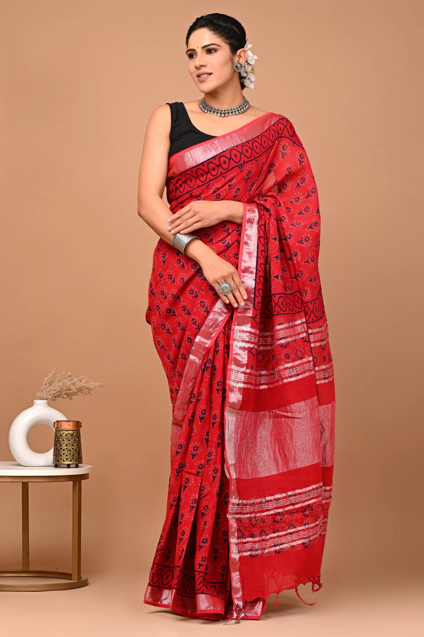 Linen Cotton  Hand-Block Printed Saree