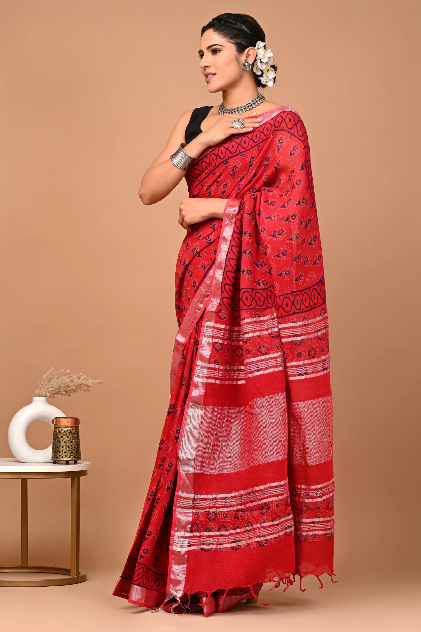 Linen Cotton  Hand-Block Printed Saree
