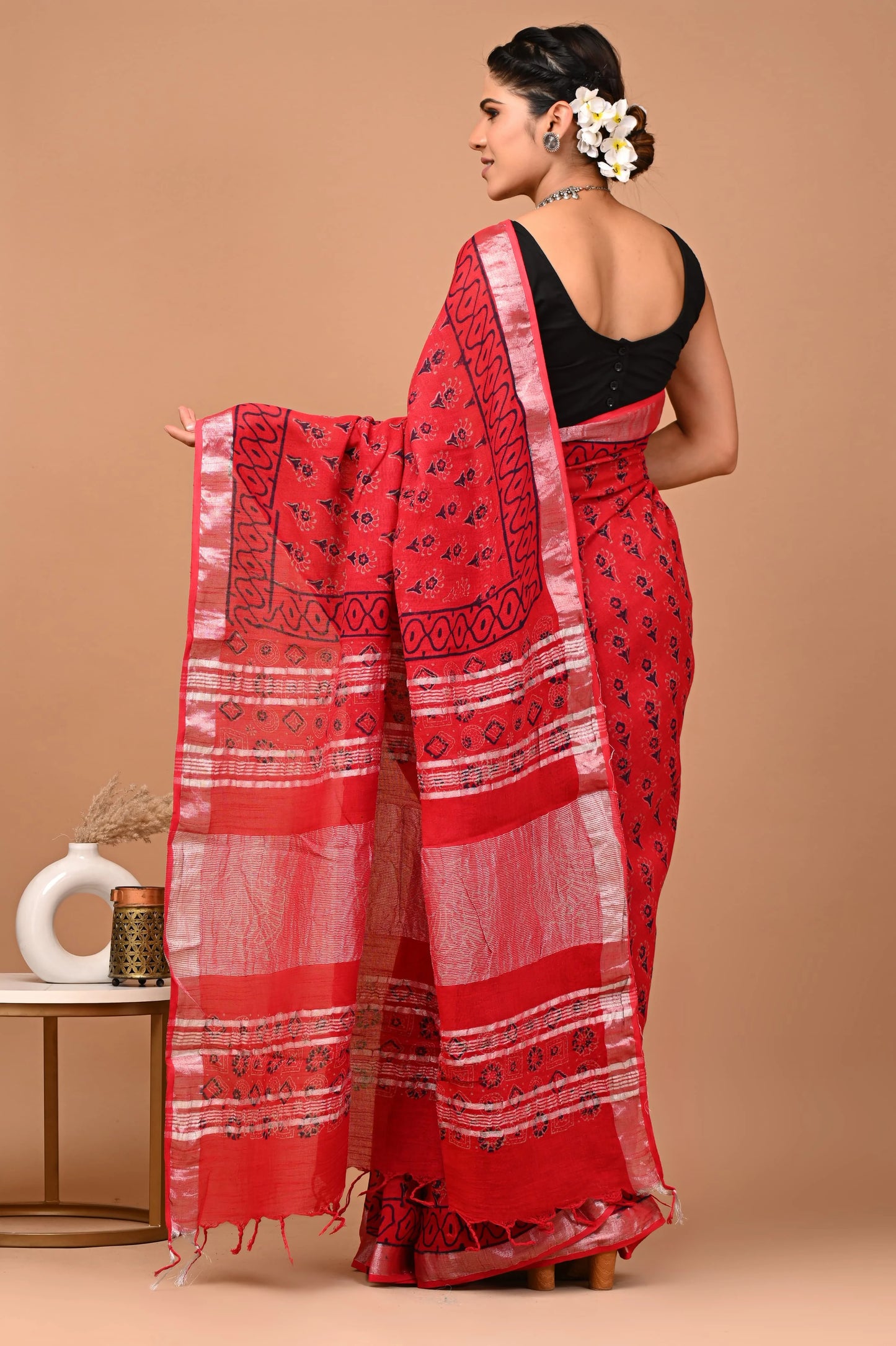 Linen Cotton  Hand-Block Printed Saree