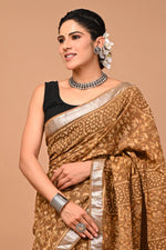 Linen Cotton  Hand-Block Printed Saree