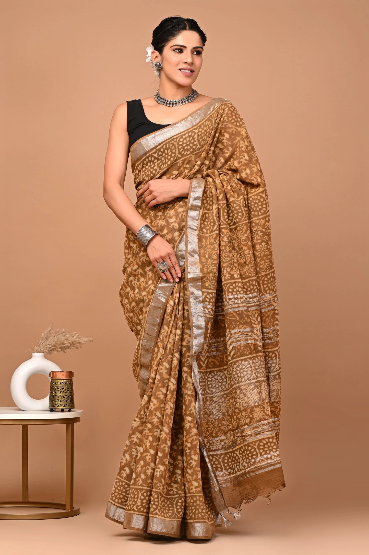 Linen Cotton  Hand-Block Printed Saree
