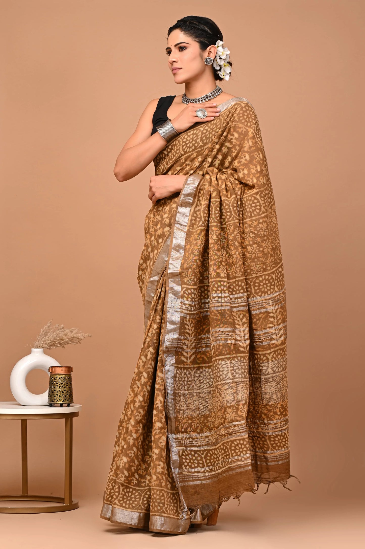 Linen Cotton  Hand-Block Printed Saree