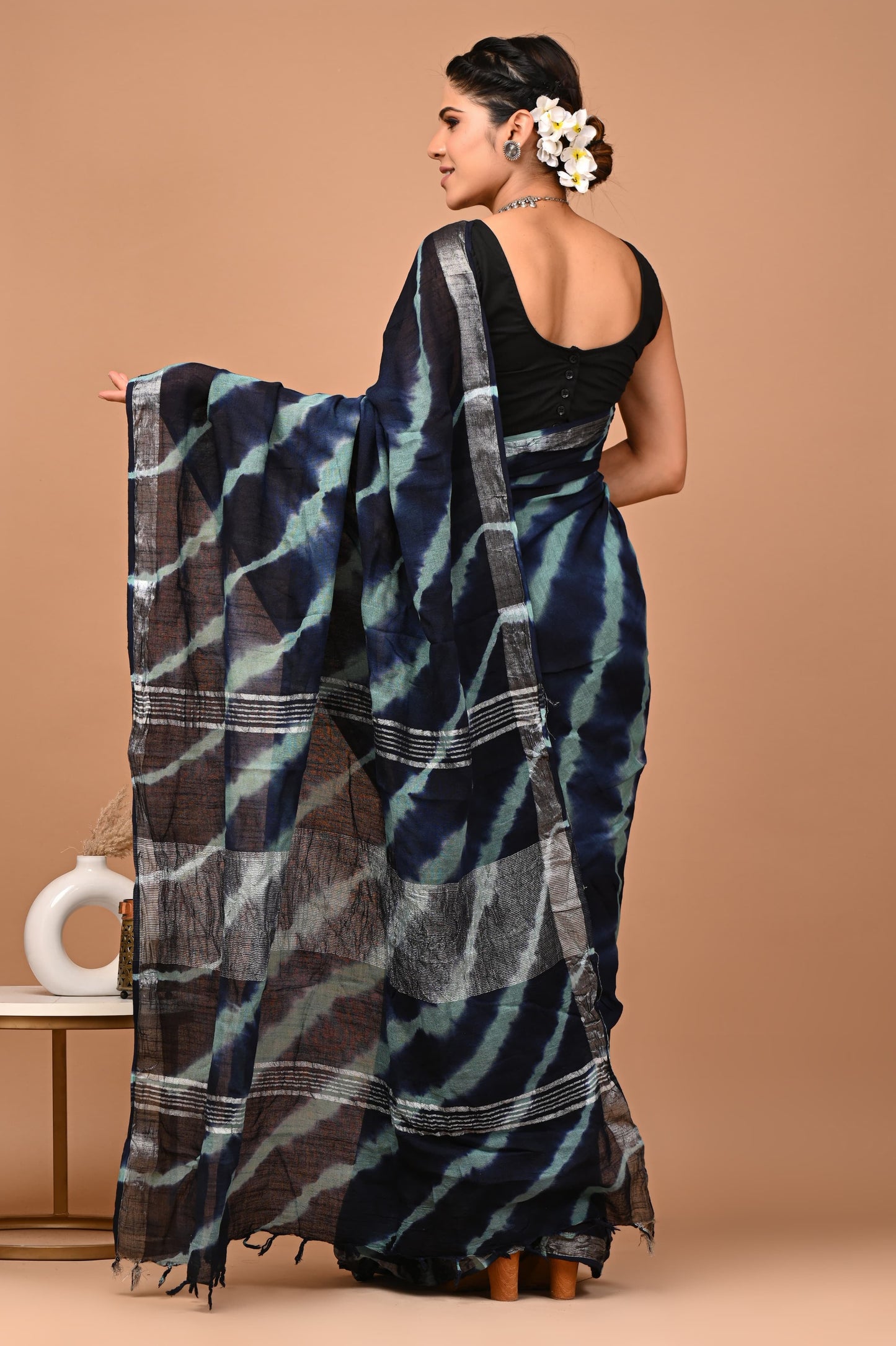 Linen Cotton  Hand-Block Printed Saree