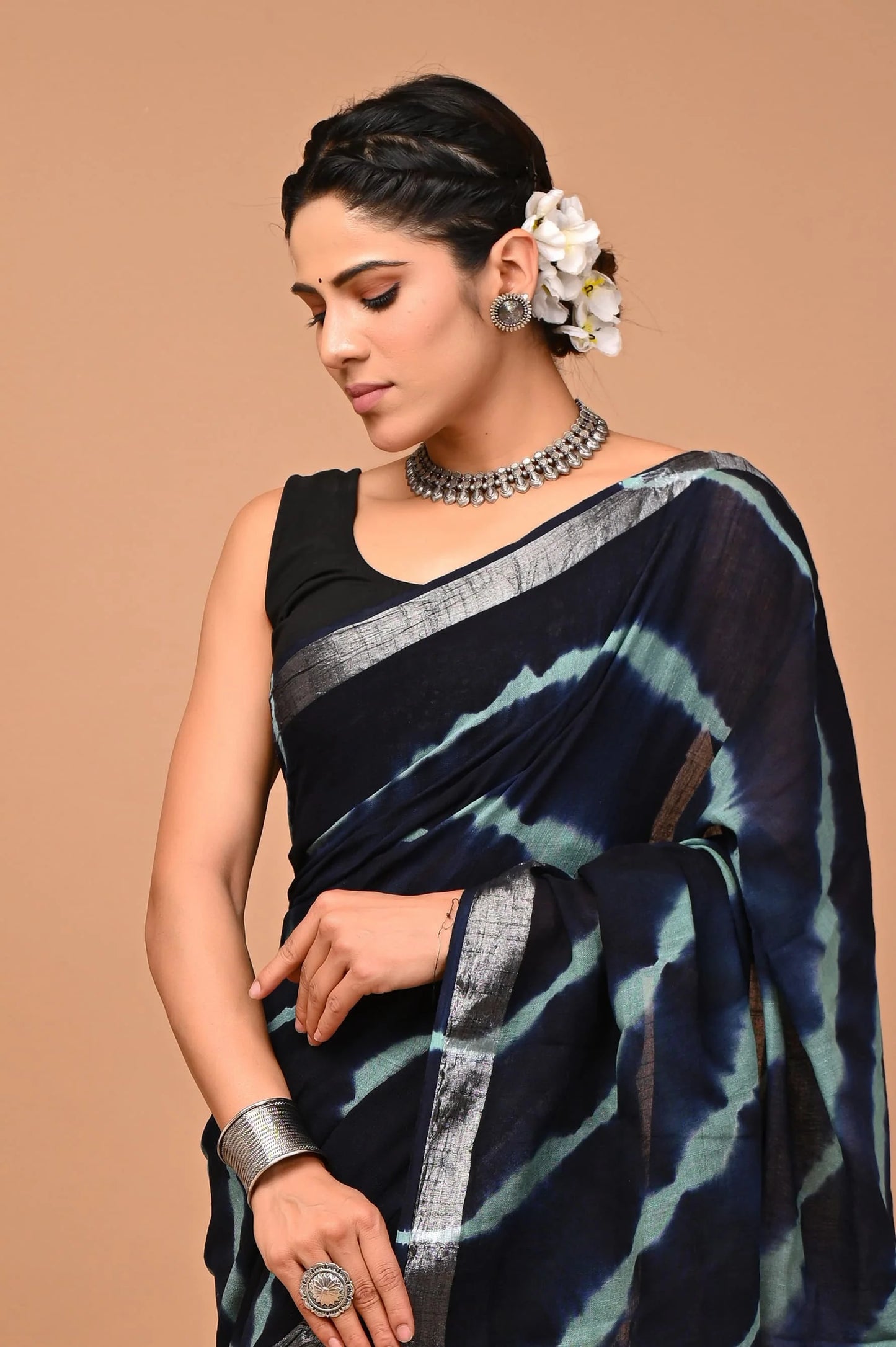 Linen Cotton  Hand-Block Printed Saree
