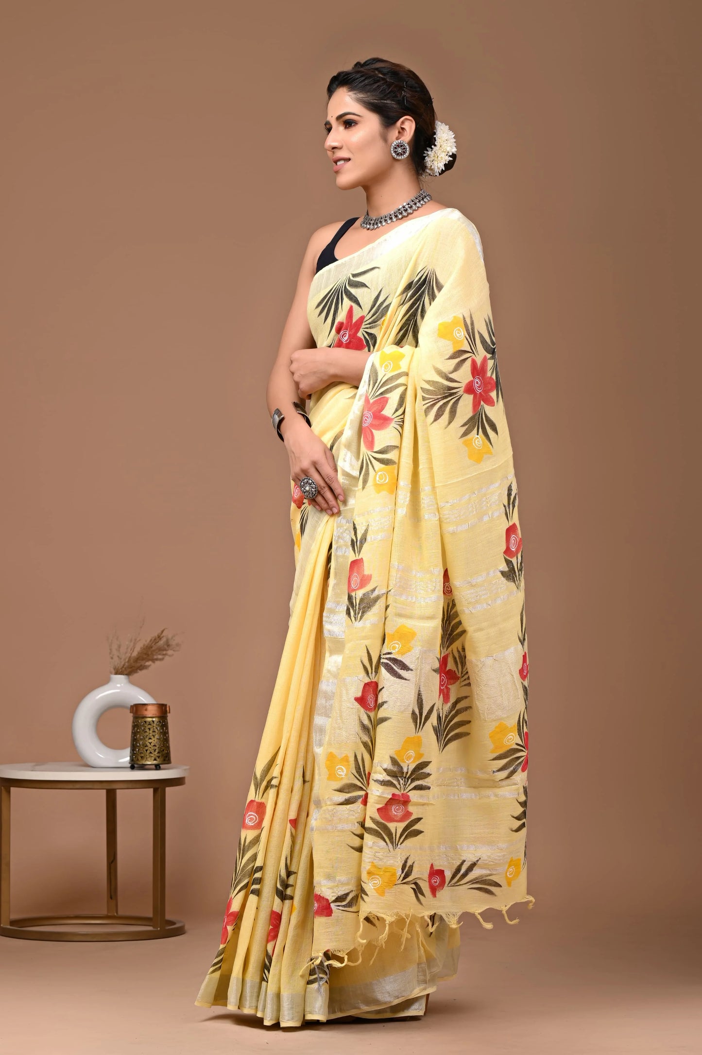 Linen Bagru Hand-Block Printed Saree