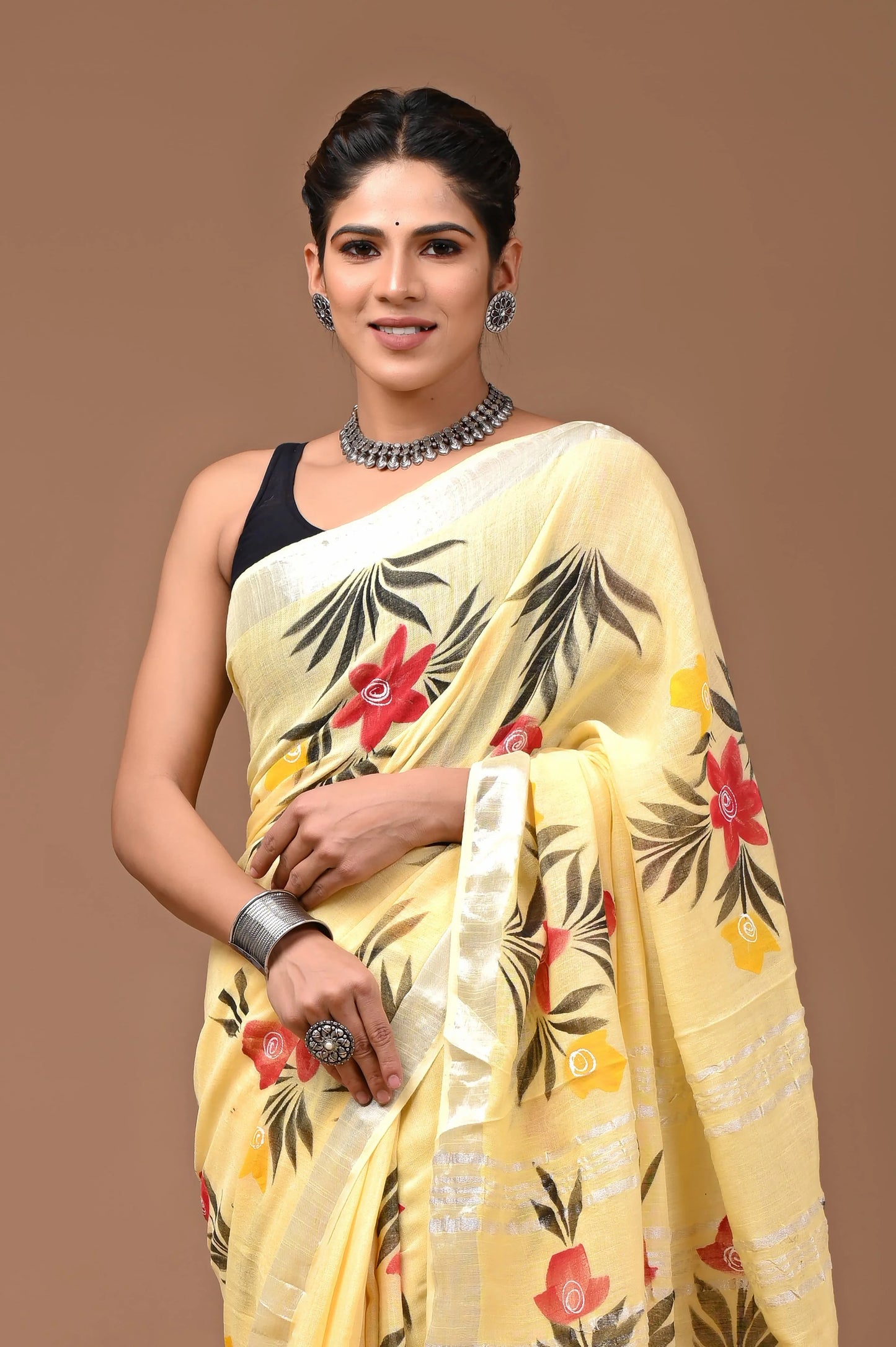 Linen Bagru Hand-Block Printed Saree