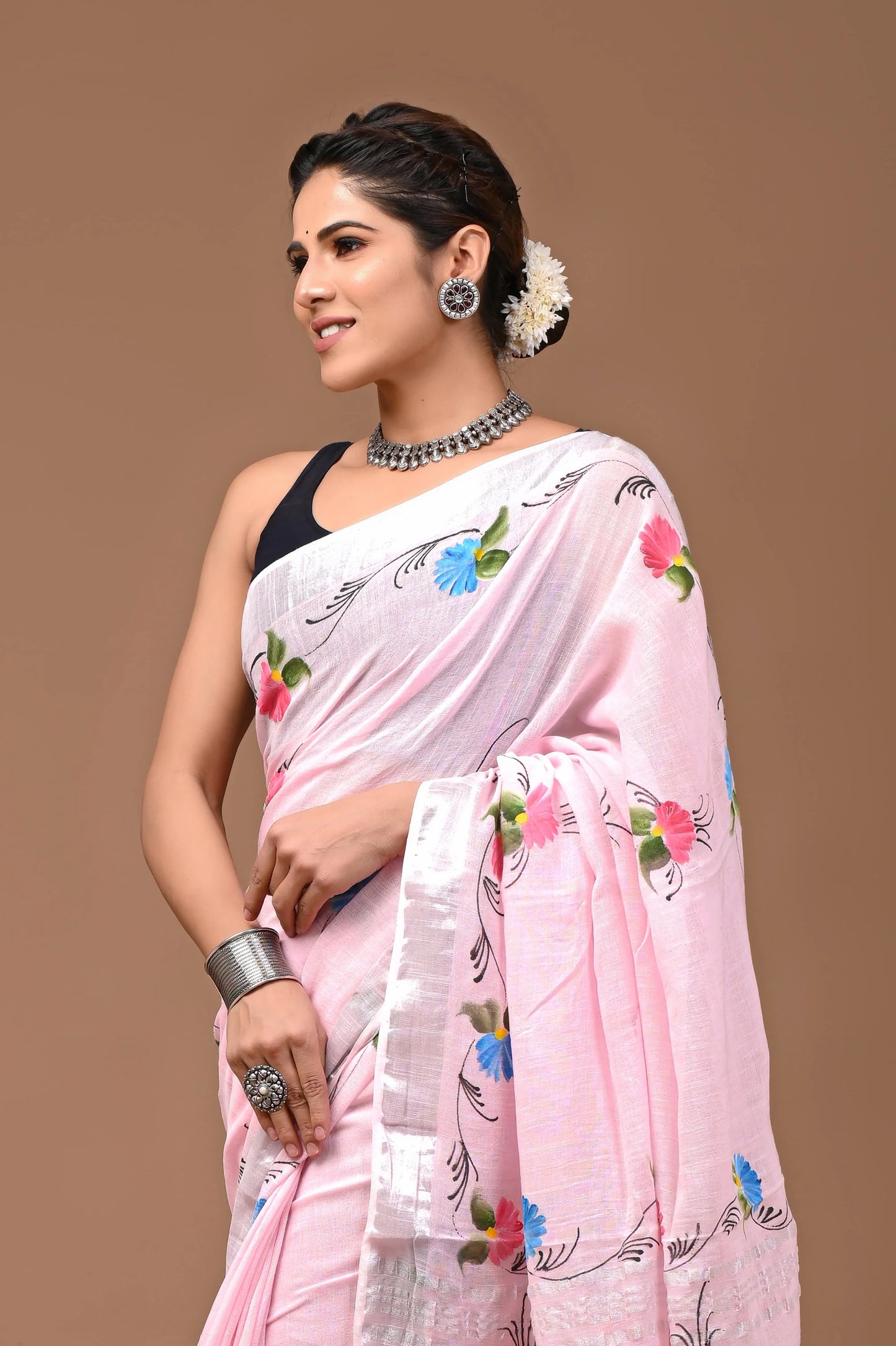 Linen Cotton Hand-Block Printed Saree