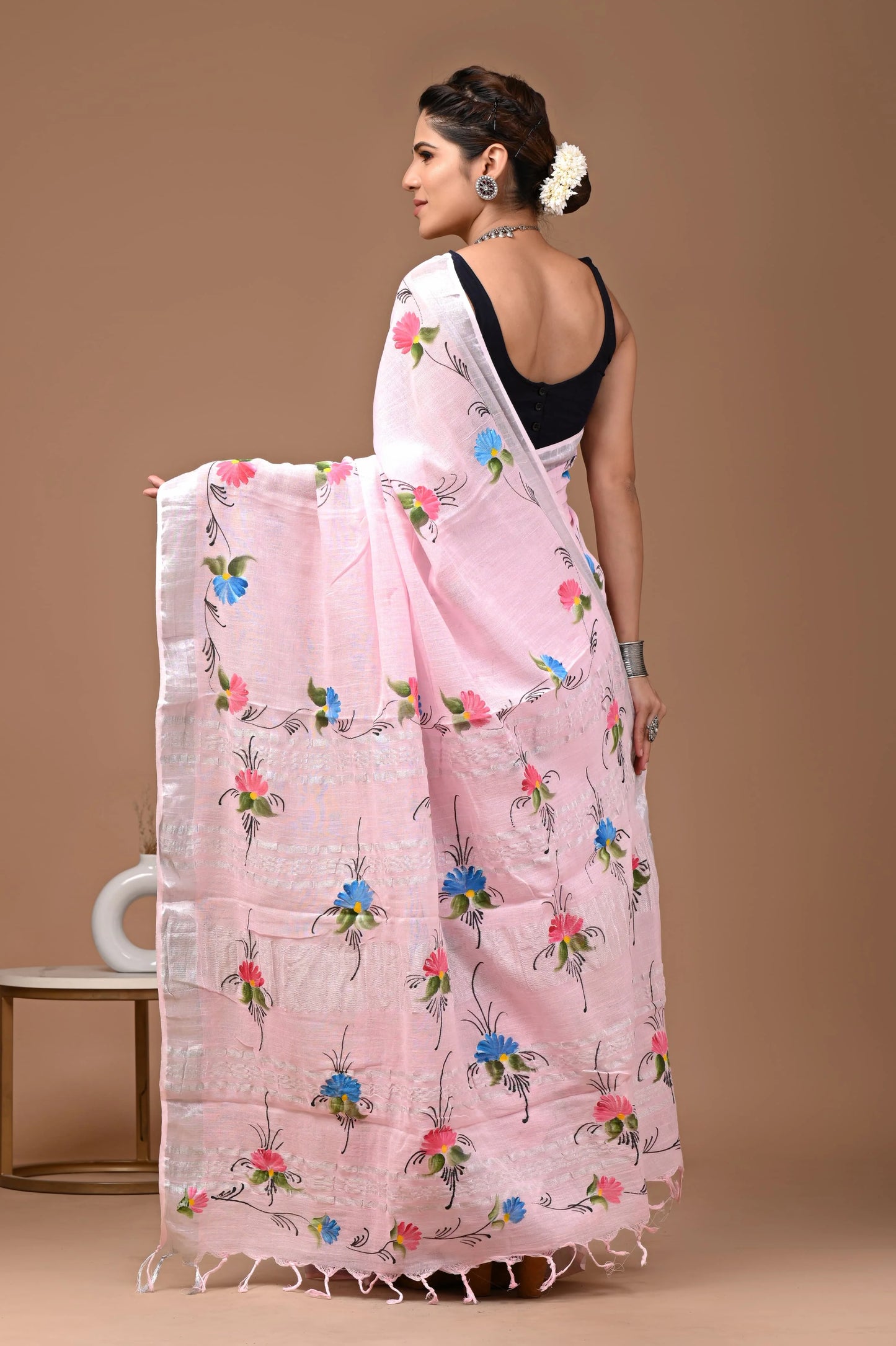 Linen Cotton Hand-Block Printed Saree