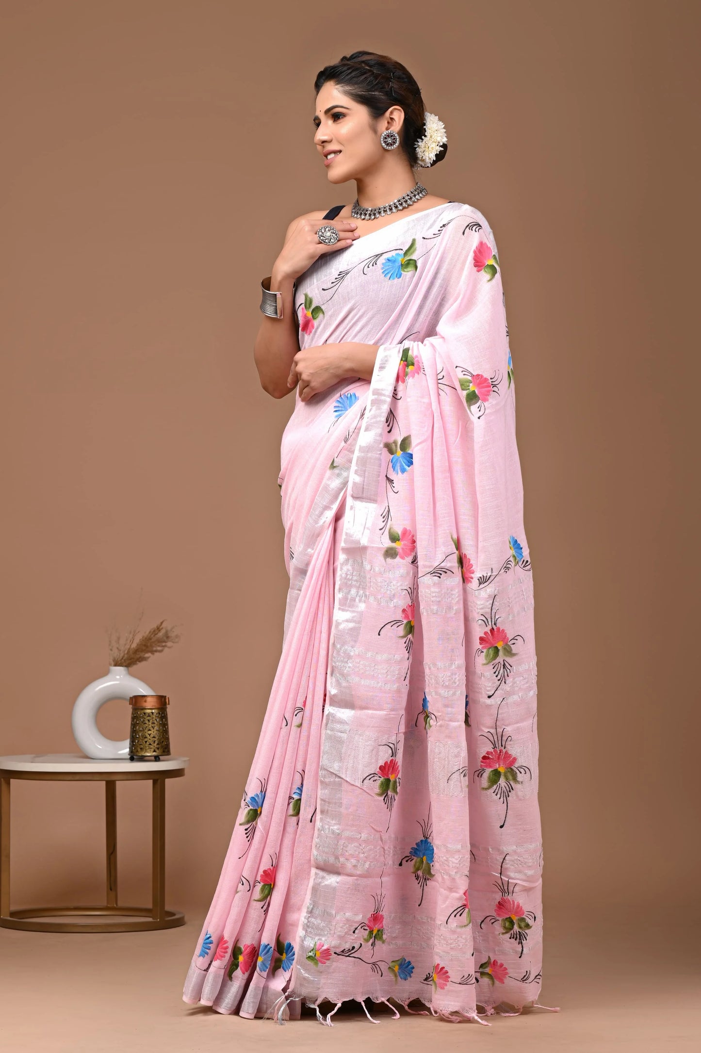 Linen Cotton Hand-Block Printed Saree