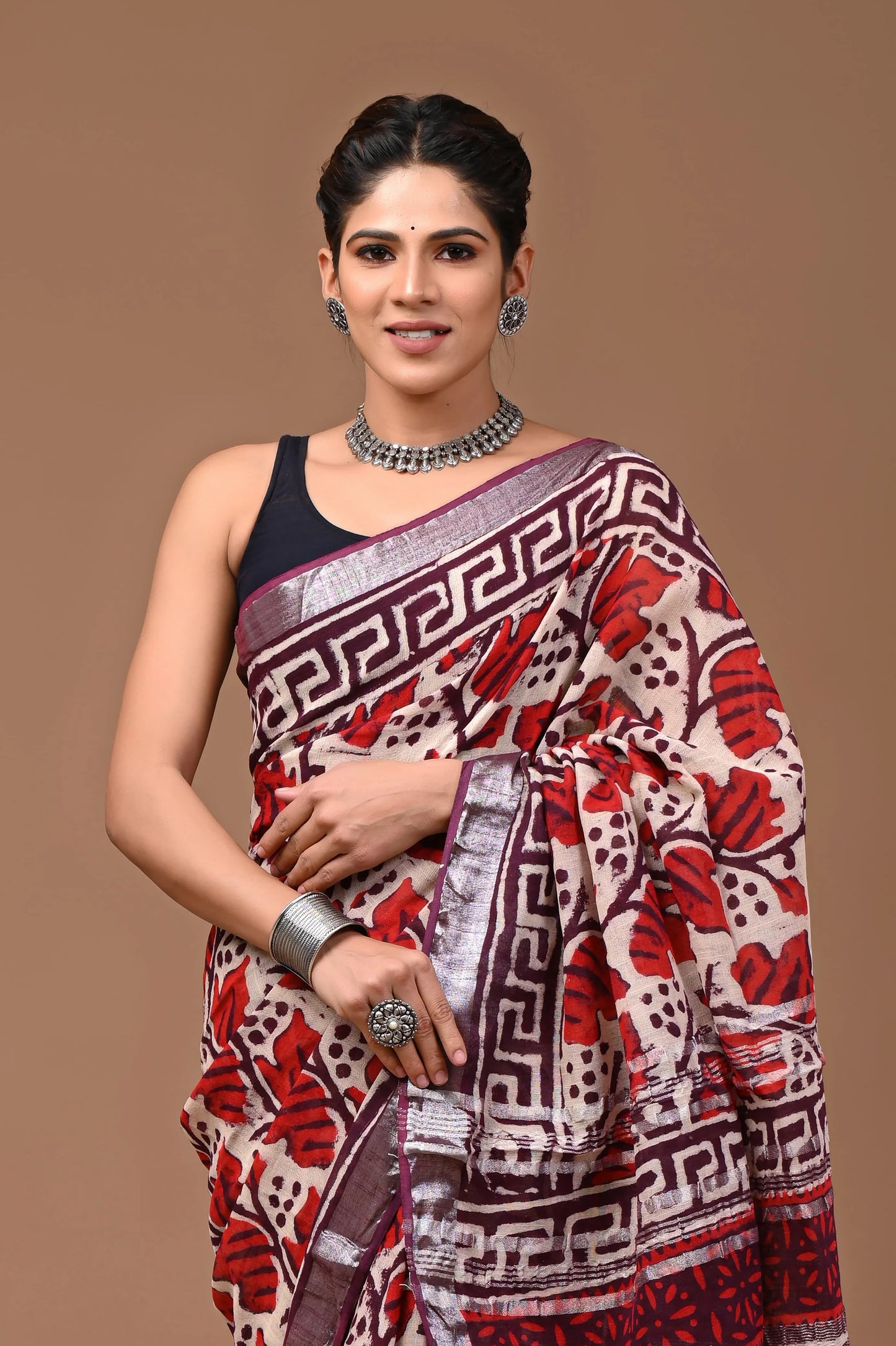 Linen Cotton Hand-Block Printed Saree
