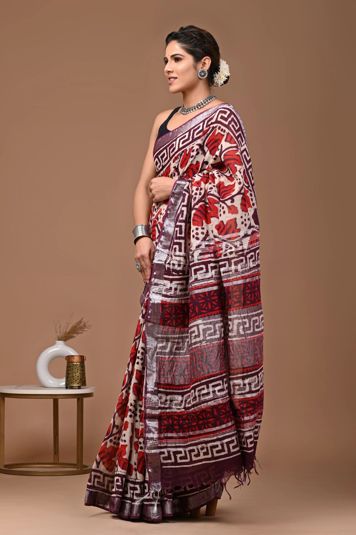Linen Cotton Hand-Block Printed Saree