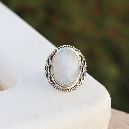 Boho Statement Ring - Rainbow Moonstone Sterling Silver Ring - Hand Crafted Bohemian Ring-Bohemian Ring - Rainbow Moonstone- Rings -Gift for