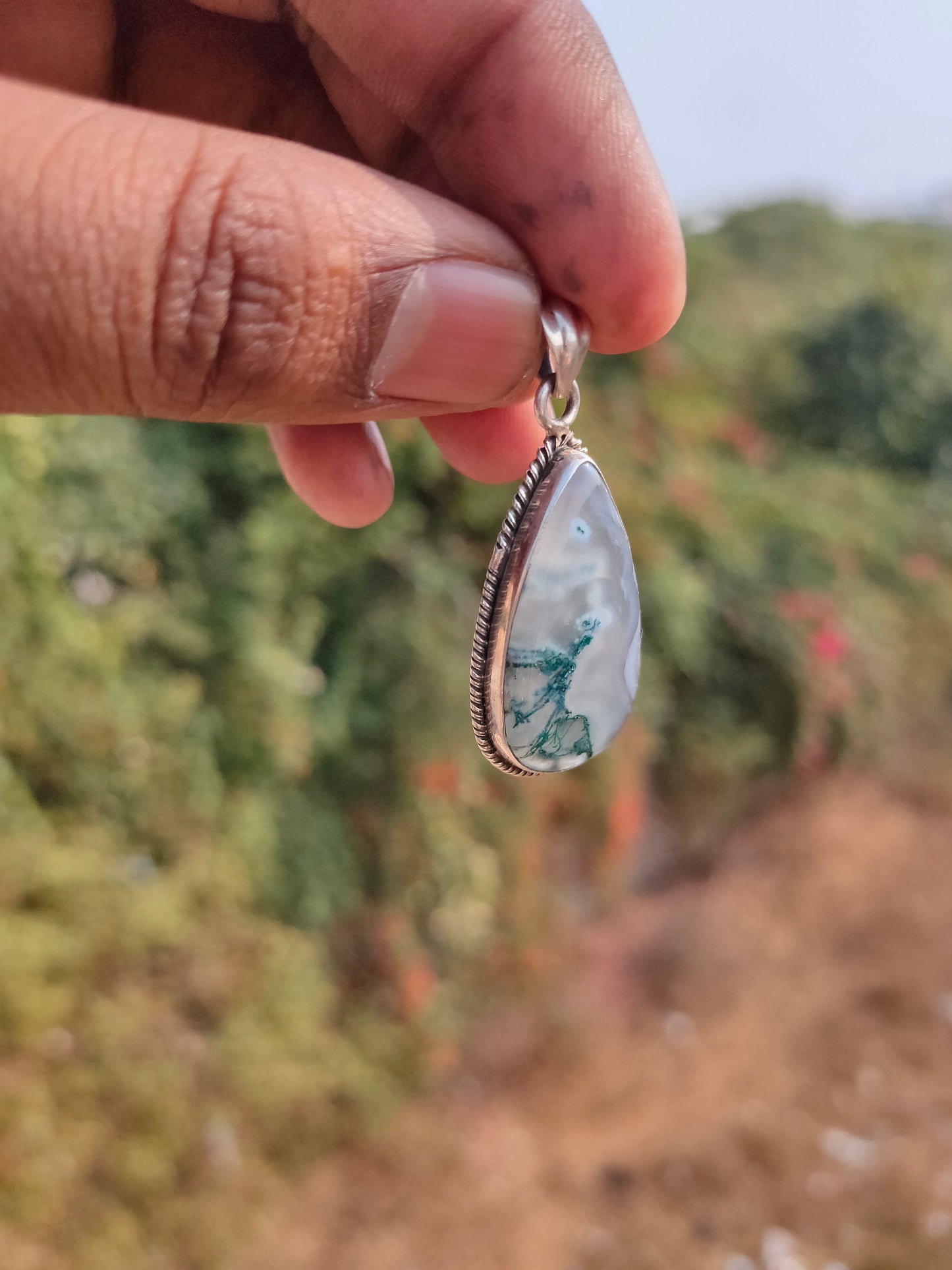 Handmade Moss Agate Pendant of Solid 925 Sterling Silver, Beautiful Moss Agate Pendant in Teardrop Shape, Boho Pendant Gift for her