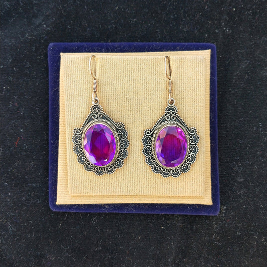 Glass Amethyst Sterling Silver Handmade Earring Glass Amethyst Stone Daily wearable Earrings in Oval Shape Boho Earrings Gift for Her