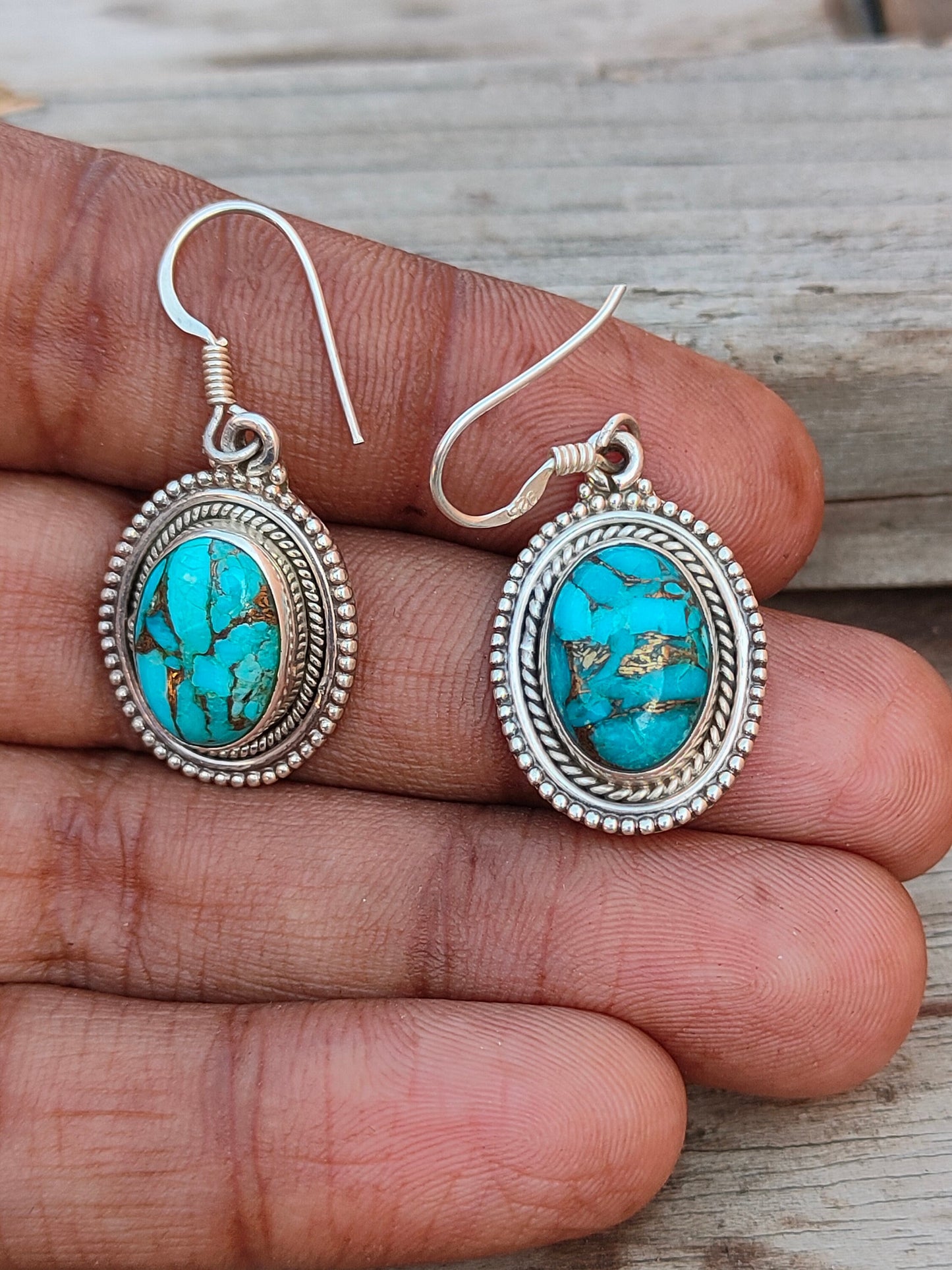 Turquoise Sterling Silver Handmade Earring Turquoise Stone Daily wearable Earrings in Oval Shape Boho Earrings Gift for Her