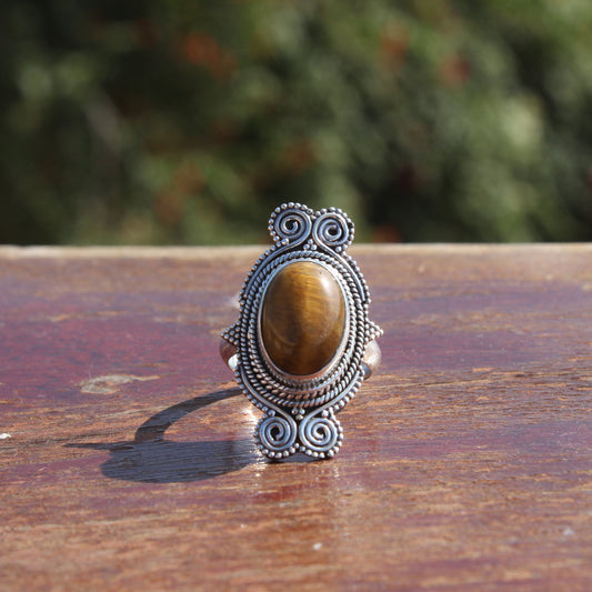 Bague de déclaration Boho - Bague en argent sterling avec pierre œil de tigre - Bague bohème fabriquée à la main - Bague en pierre œil de tigre bohème - Bagues - Cadeau pour