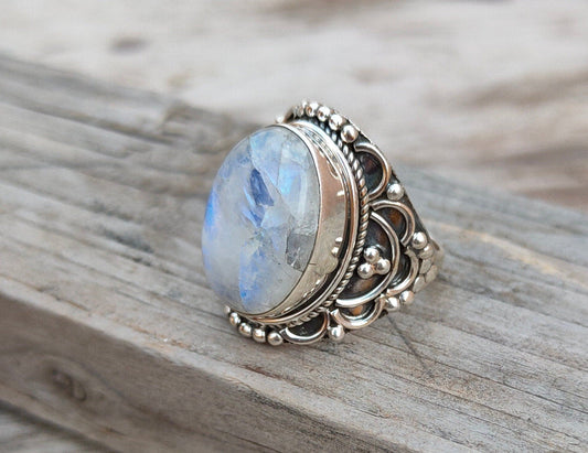 Moonstone Boho Ring - Rainbow Moonstone Sterling Silver Ring statement ring -free shipping ring minimalist handmade jewelry gift bestseller