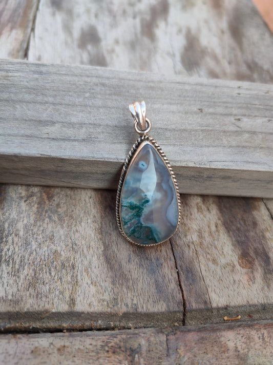 Handmade Moss Agate Pendant of Solid 925 Sterling Silver, Beautiful Moss Agate Pendant in Teardrop Shape, Boho Pendant Gift for her