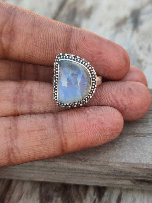 Boho Statement Ring -Rainbow Moonstone Sterling Silver Ring-Hand Crafted Bohemian Ring-Bohemian Ring-Rainbow moonstone Ring -Rings -Gift for