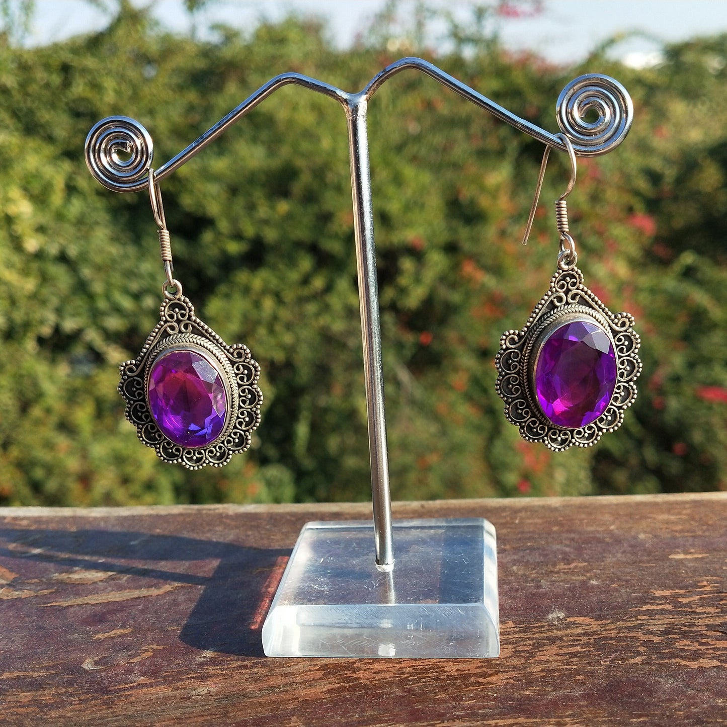 Glass Amethyst Sterling Silver Handmade Earring Glass Amethyst Stone Daily wearable Earrings in Oval Shape Boho Earrings Gift for Her