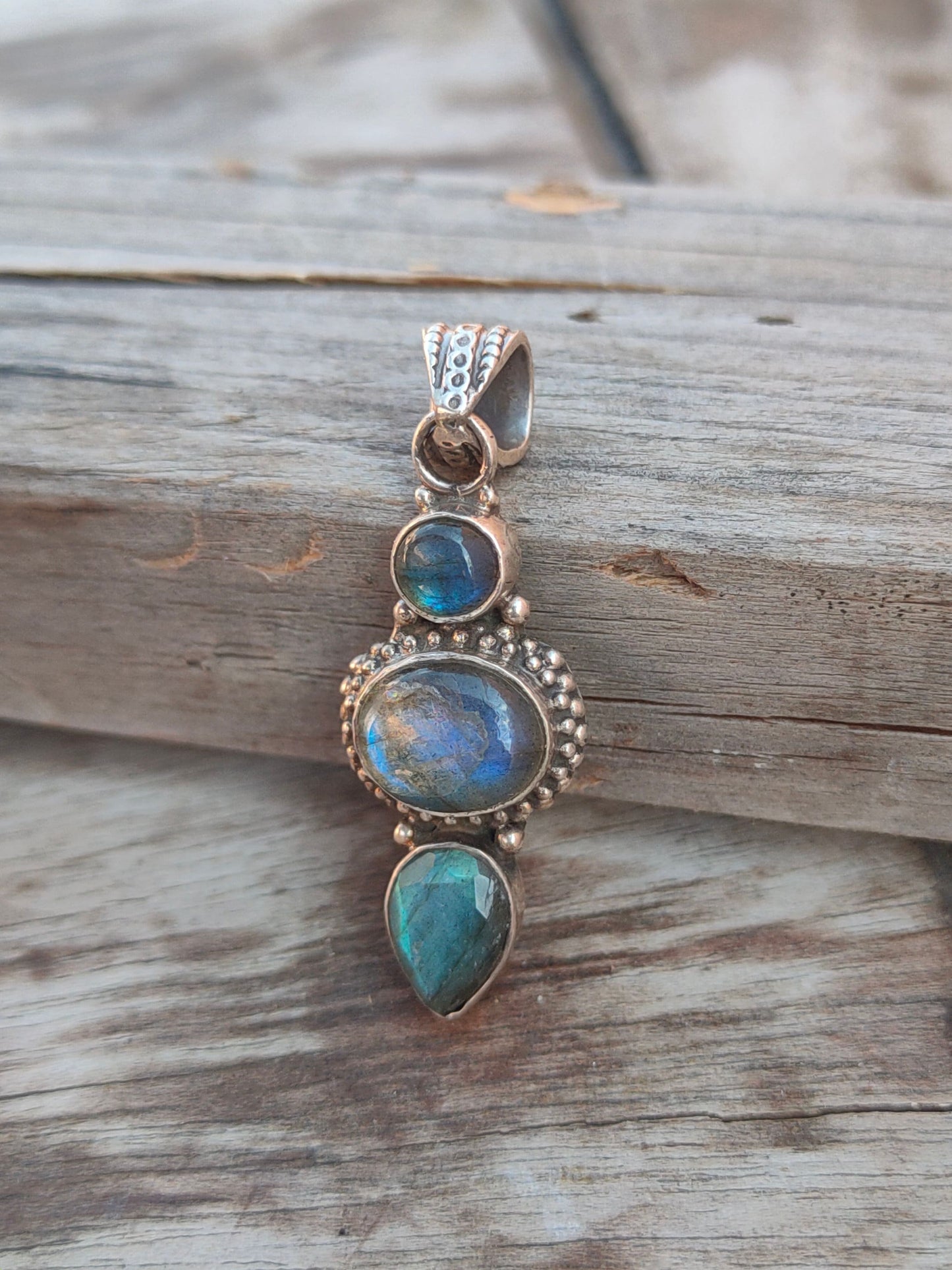 Handmade Labradorite Triple Pendant of Solid 925 Sterling Silver, Beautiful Labradorite Pendant, Boho Pendant Gift for her