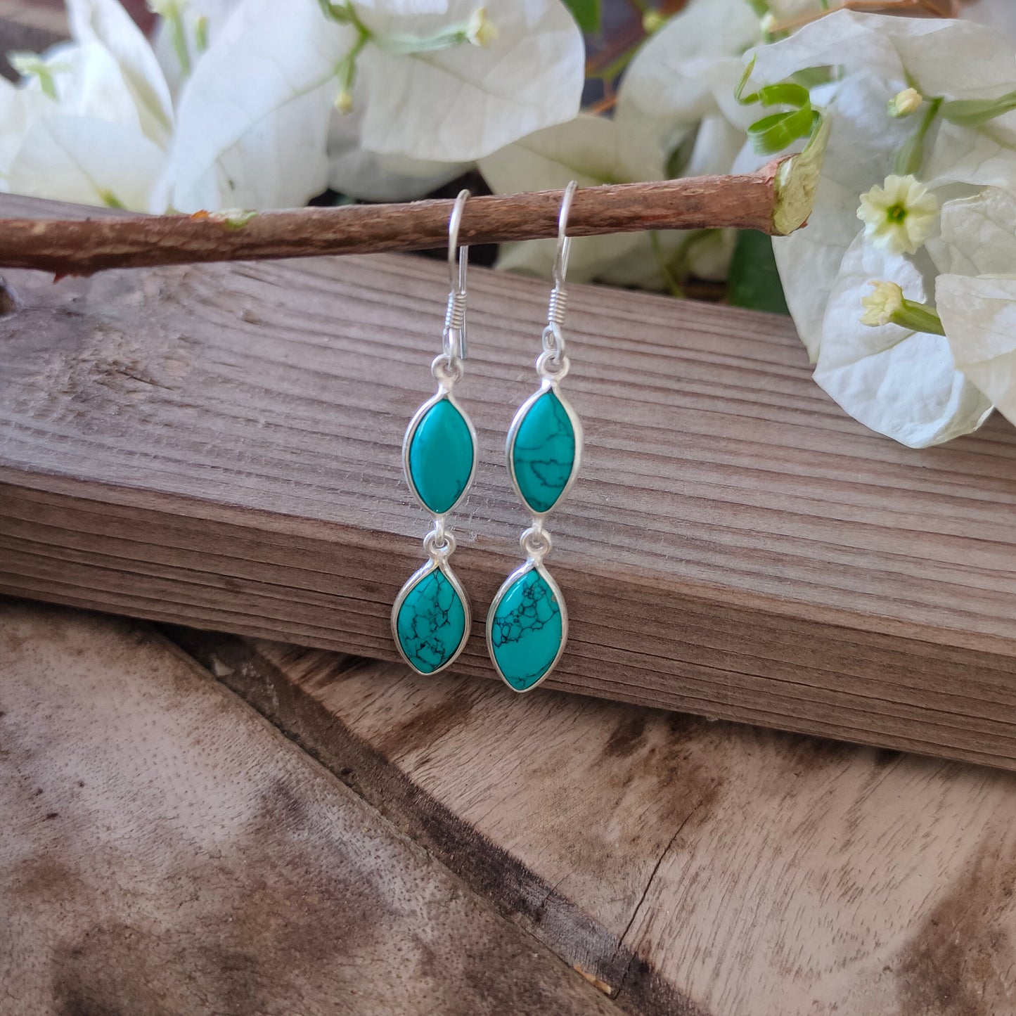 Turquoise Sterling Silver Handmade Earring Turquoise Stone Marquise Shape Silver Earrings  Boho Earrings Gift for Her