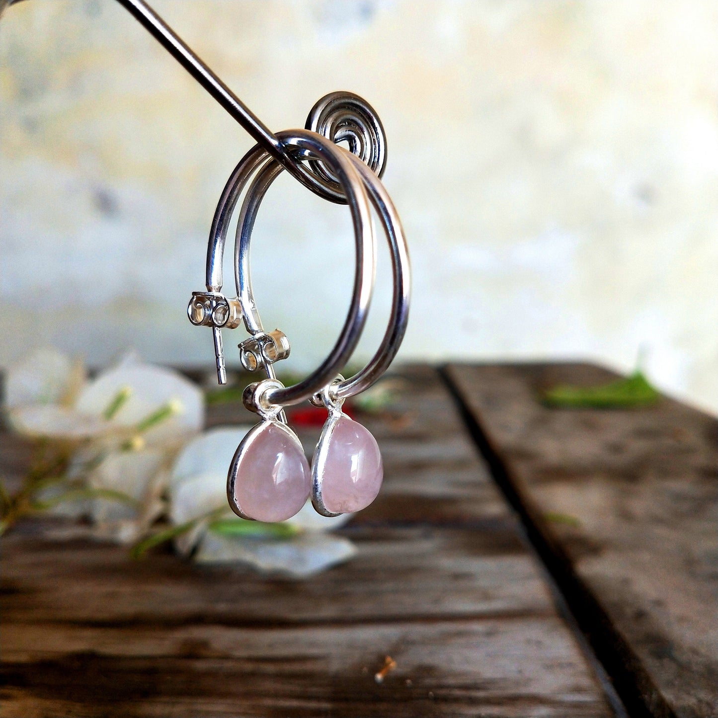 Rose Quartz Sterling Silver Handmade Earring | Rose Quartz Stone | Circle Shape | Silver Earrings | Boho Earrings Gift for Her