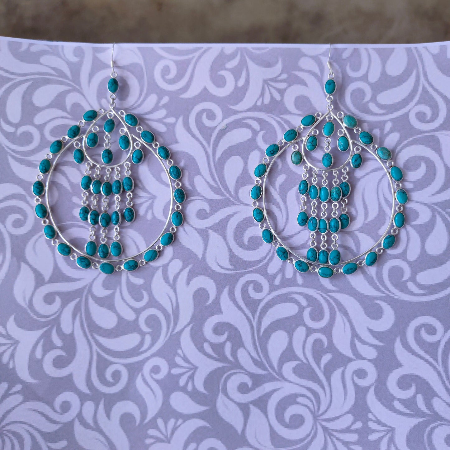 Big Size hoop earrings - Turquoise Big dangle earrings - Turquoise earrings - Big Round Silver Earrings - Party wear Earrings - gift for her