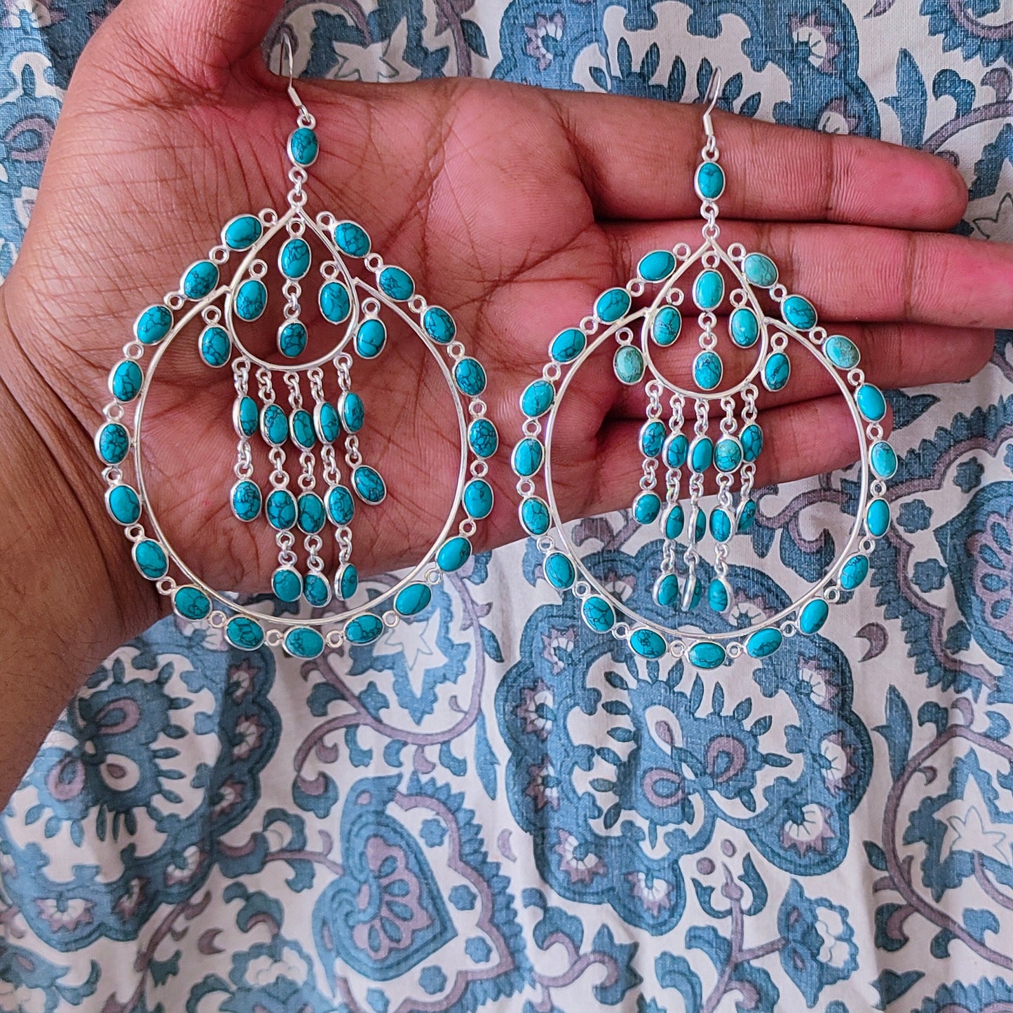 Big Size hoop earrings - Turquoise Big dangle earrings - Turquoise earrings - Big Round Silver Earrings - Party wear Earrings - gift for her