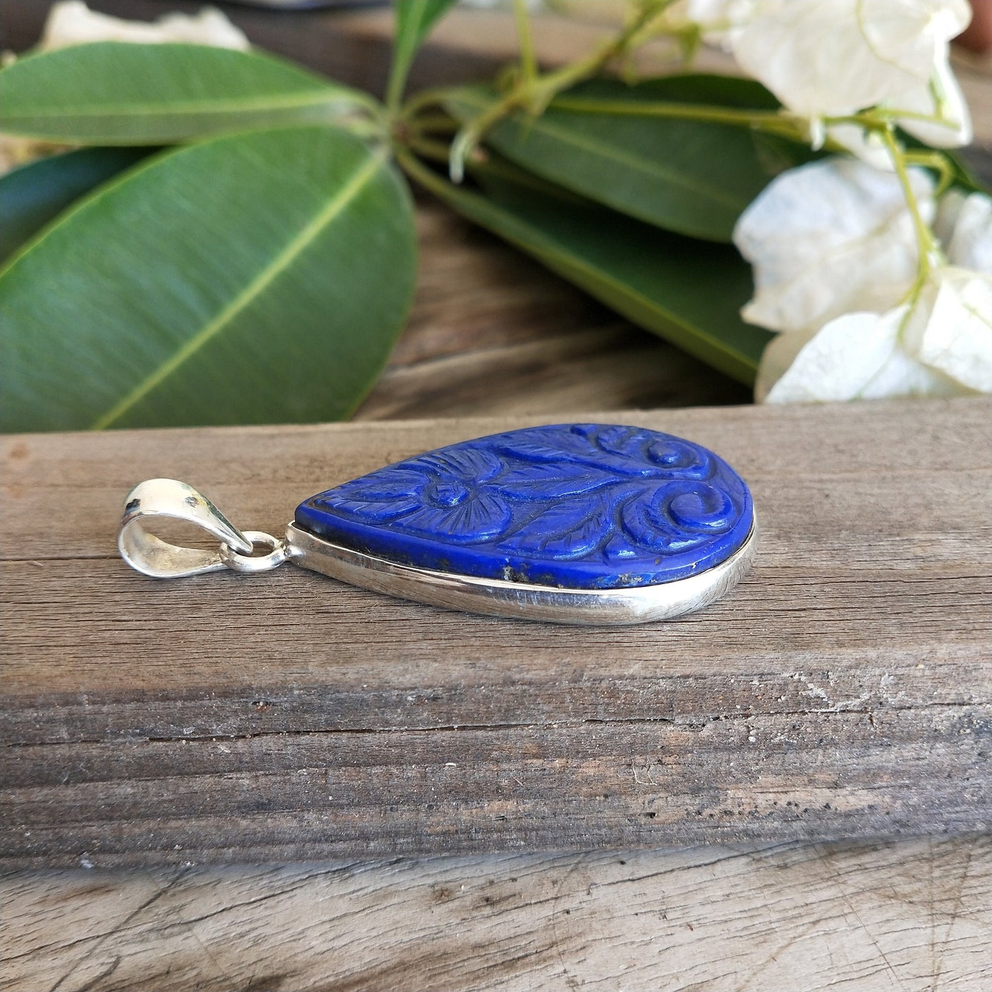 Lapis Pendant in Solid 925-Sterling Silver | Gorgeous Handmade Carved Lapis Pendant | Boho Pendant Gift for Her