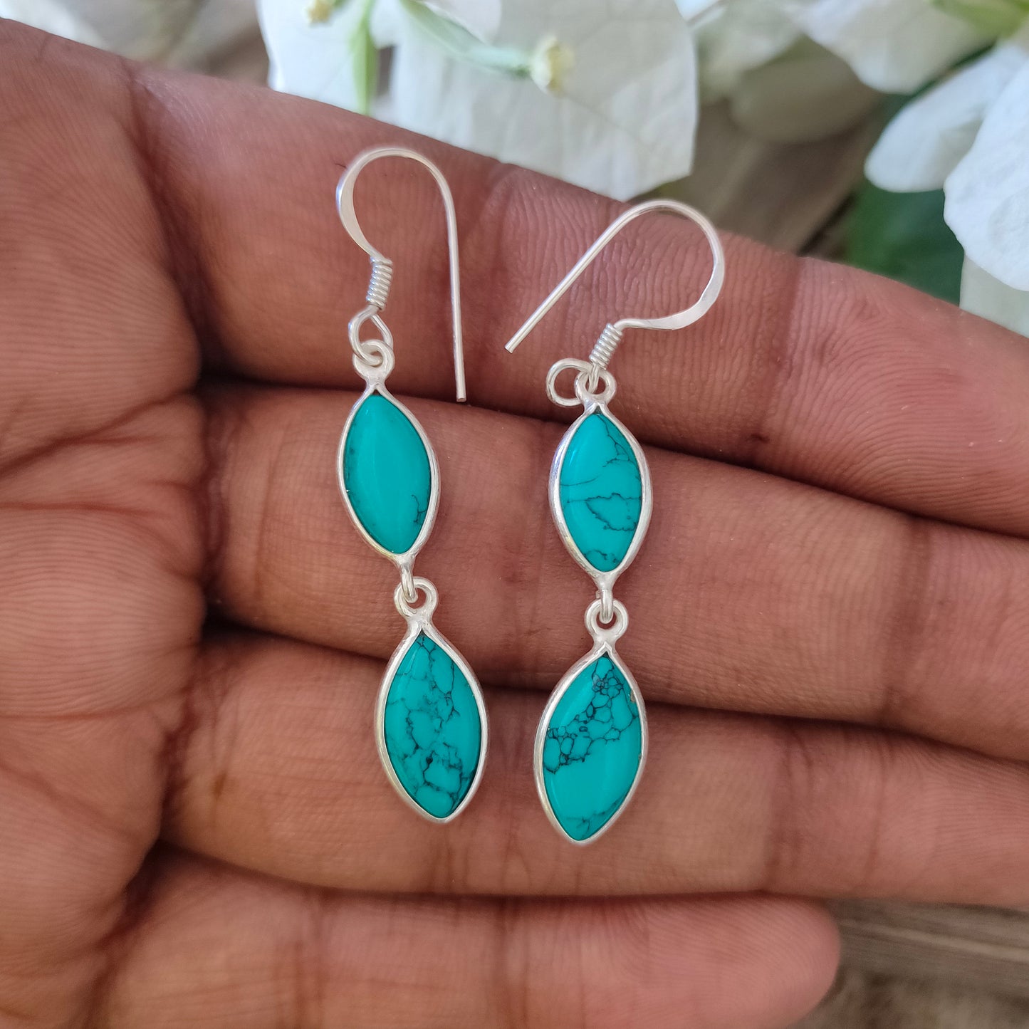 Turquoise Sterling Silver Handmade Earring Turquoise Stone Marquise Shape Silver Earrings  Boho Earrings Gift for Her