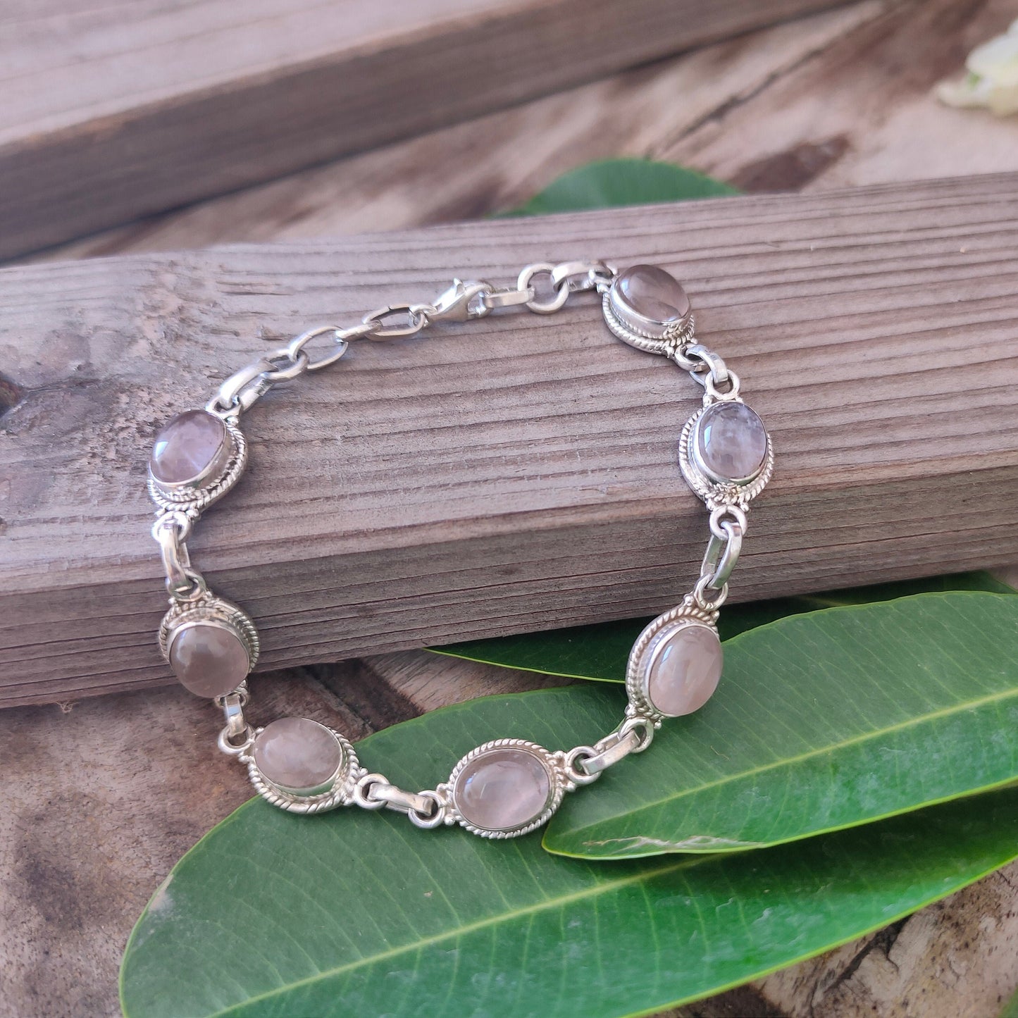 Bracelet en pierres précieuses de quartz rose - Bracelet en perles d'argent - Bracelet en argent sterling 925 - Bracelet délicat en argent pour femmes - Pour cadeau