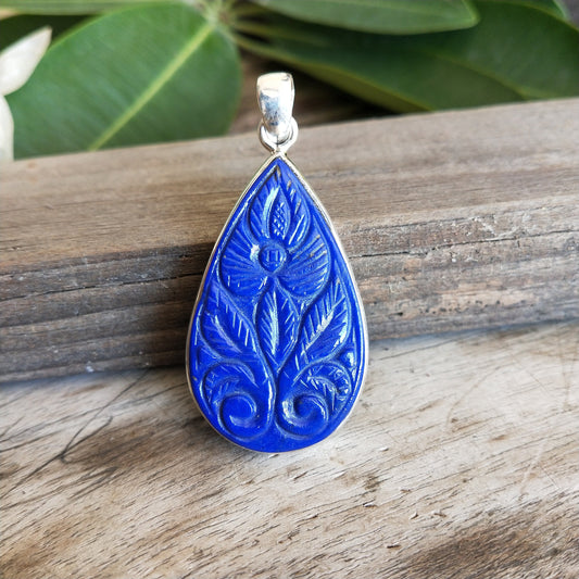 Lapis Pendant in Solid 925-Sterling Silver | Gorgeous Handmade Carved Lapis Pendant | Boho Pendant Gift for Her