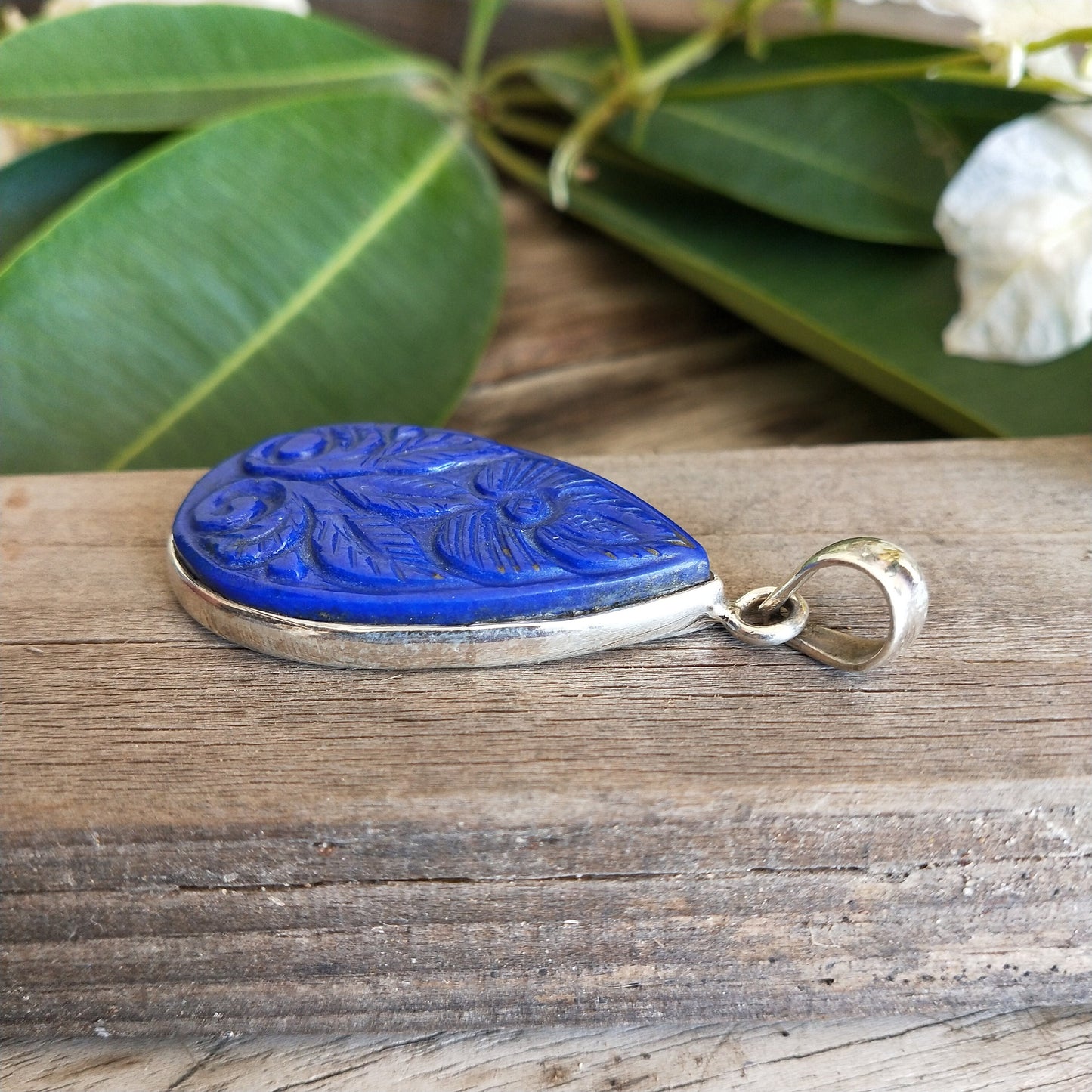 Lapis Pendant in Solid 925-Sterling Silver | Gorgeous Handmade Carved Lapis Pendant | Boho Pendant Gift for Her