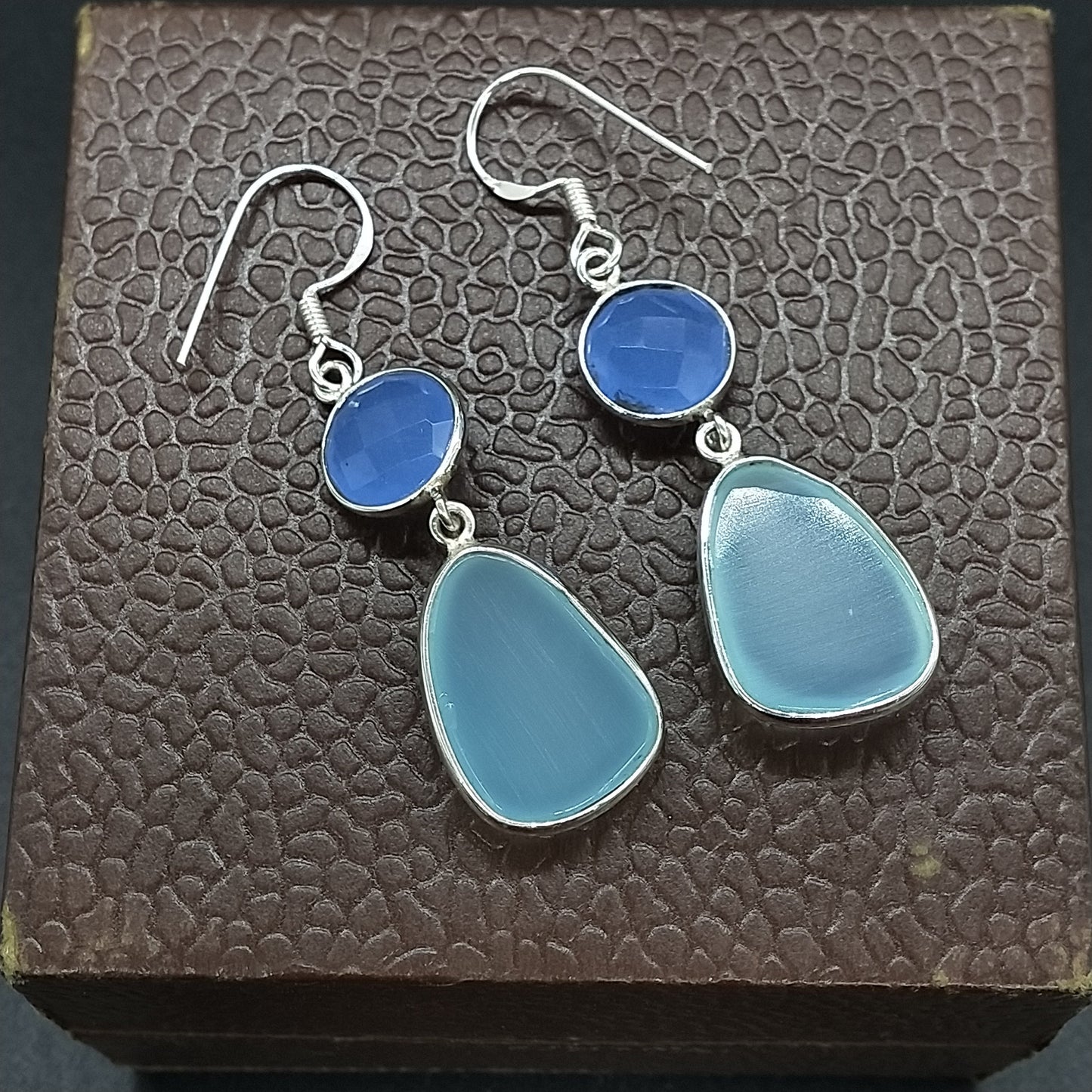 Blue calcy silver earring , handcrafted bohemian earring , earrings ,blue calcy stone , gift for her , jewelry , dangle earrings , freeship