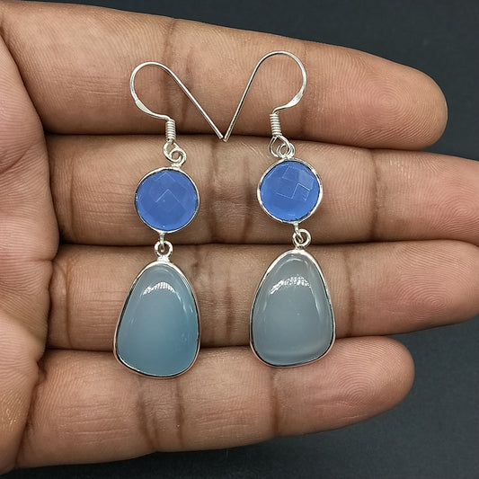 Blue calcy silver earring , handcrafted bohemian earring , earrings ,blue calcy stone , gift for her , jewelry , dangle earrings , freeship